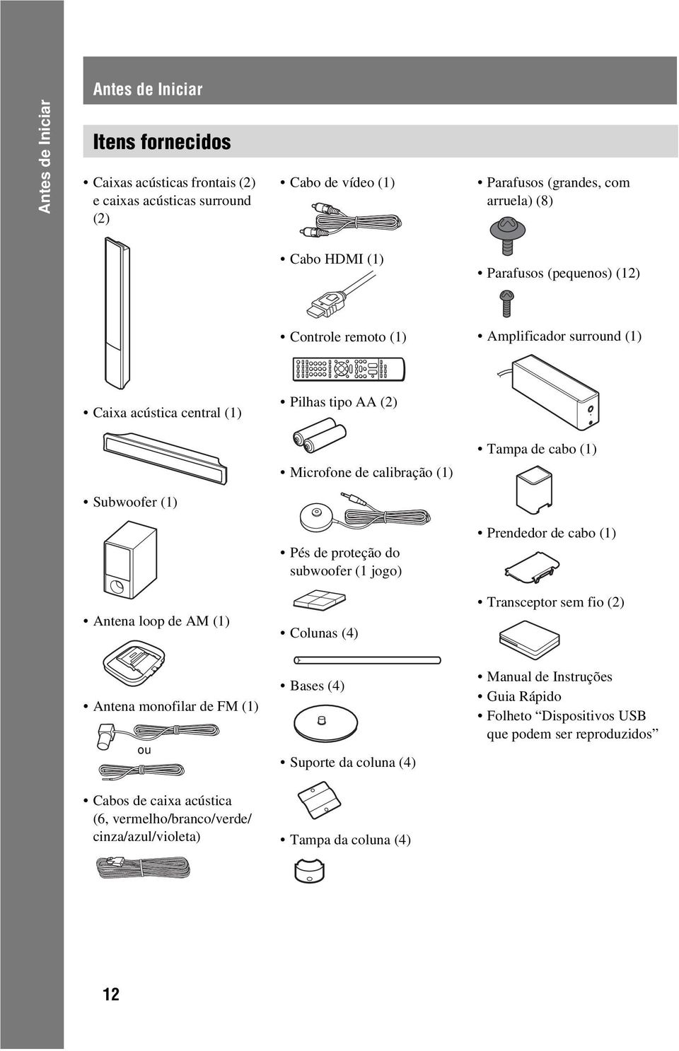 (1) Pés de proteção do subwoofer (1 jogo) Prendedor de cabo (1) Antena loop de AM (1) Colunas (4) Transceptor sem fio (2) Antena monofilar de FM (1) ou Bases (4) Suporte da coluna