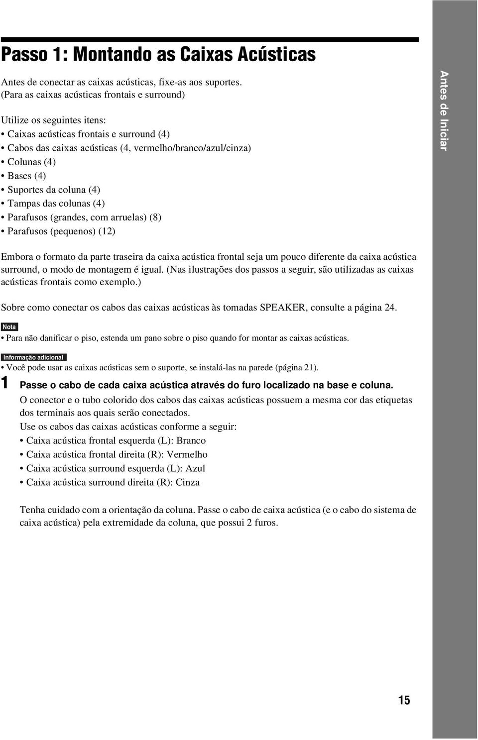 Suportes da coluna (4) Tampas das colunas (4) Parafusos (grandes, com arruelas) (8) Parafusos (pequenos) (12) Antes de Iniciar Embora o formato da parte traseira da caixa acústica frontal seja um