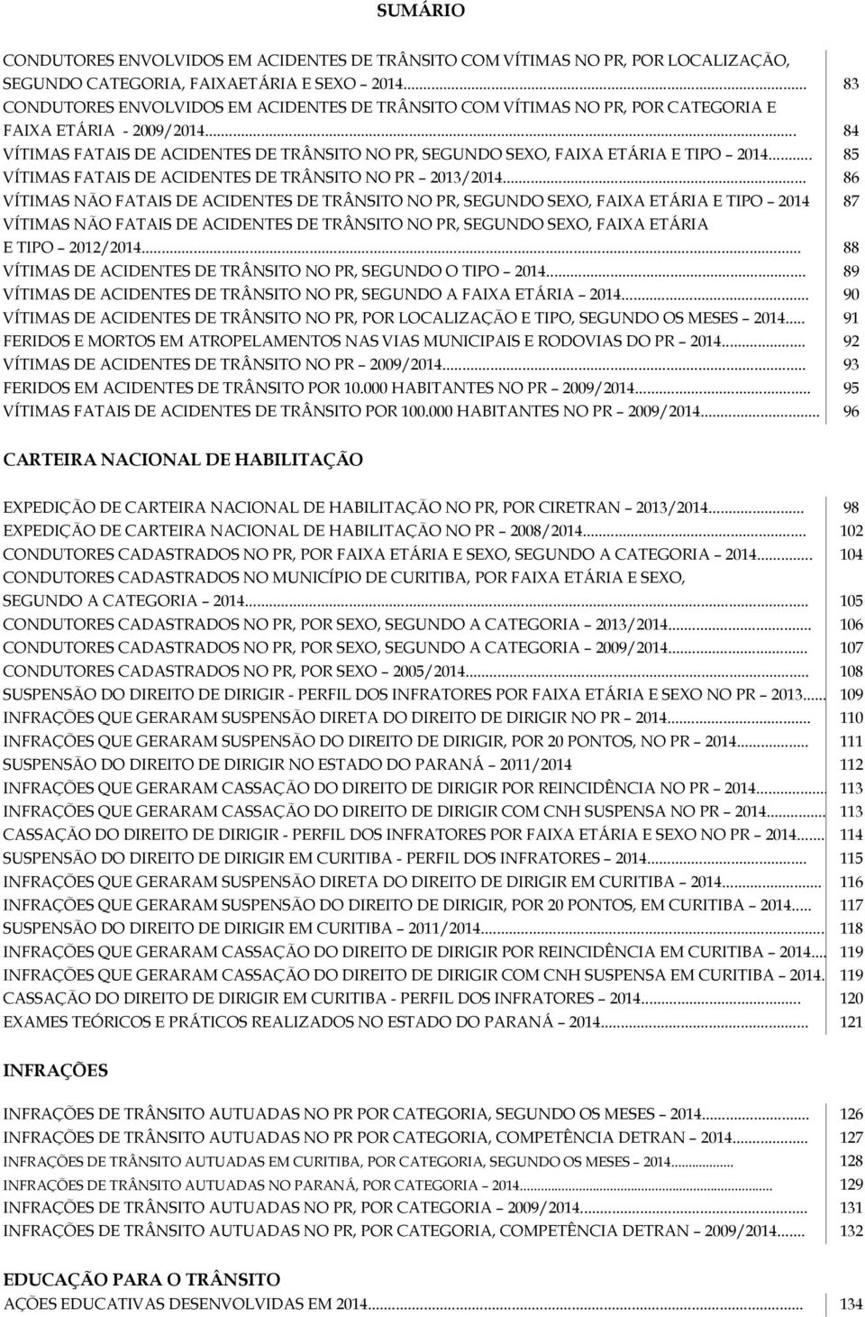 .. 84 VÍTIMAS FATAIS DE ACIDENTES DE TRÂNSITO NO PR, SEGUNDO SEXO, FAIXA ETÁRIA E TIPO 2014... 85 VÍTIMAS FATAIS DE ACIDENTES DE TRÂNSITO NO PR 2013/2014.