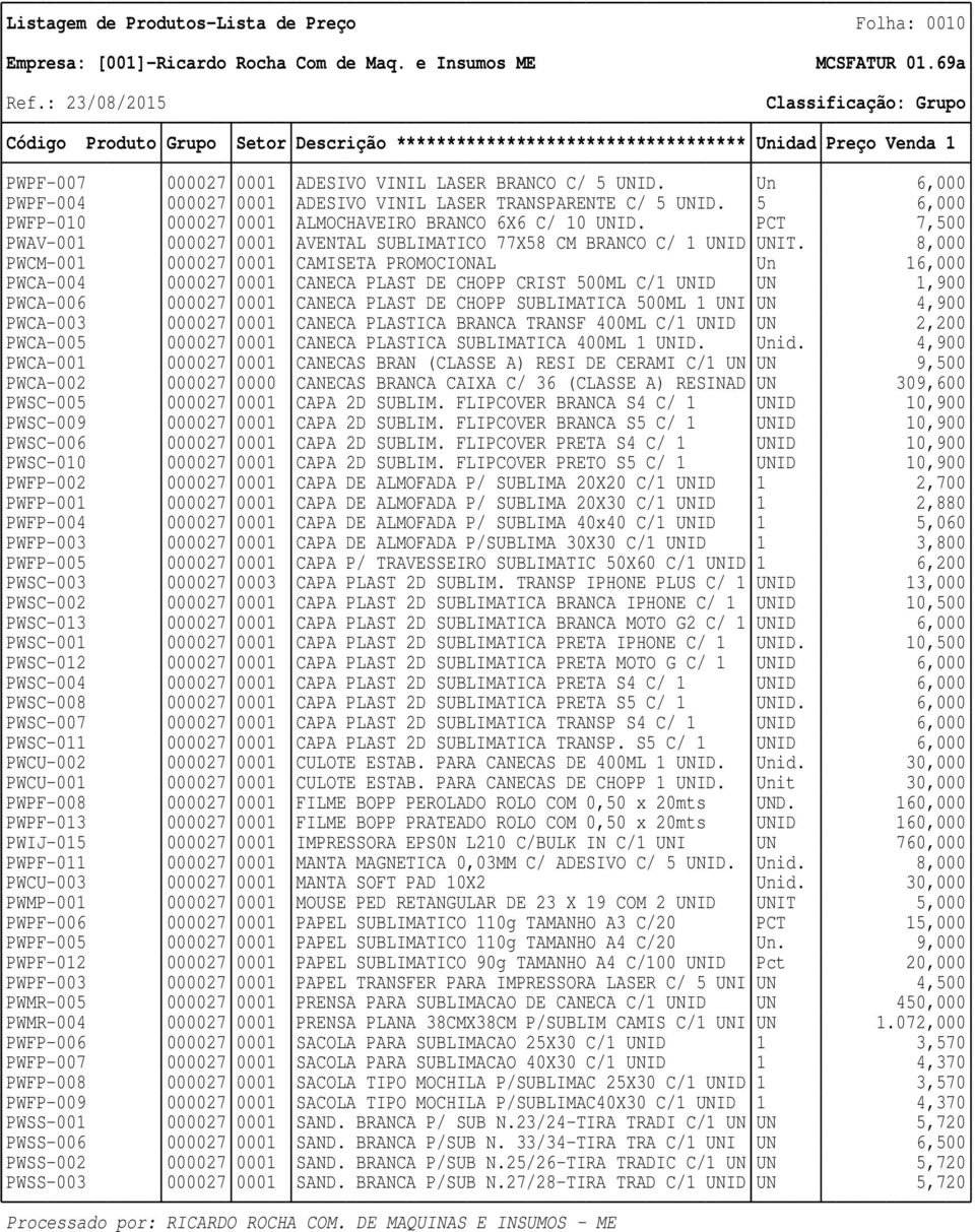 8,000 PWCM-001 000027 0001 CAMISETA PROMOCIONAL Un 16,000 PWCA-004 000027 0001 CANECA PLAST DE CHOPP CRIST 500ML C/1 UNID UN 1,900 PWCA-006 000027 0001 CANECA PLAST DE CHOPP SUBLIMATICA 500ML 1 UNI