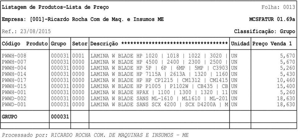 LAMINA W BLADE HP HP CP1215 CM1312 CM1415 UN 10,460 PWWH-015 000031 0000 LAMINA W BLADE HP P1005 P1102W CB435 CB UN 15,400 PWWH-001 000031 0000 LAMINA W BLADE HPAX 1100