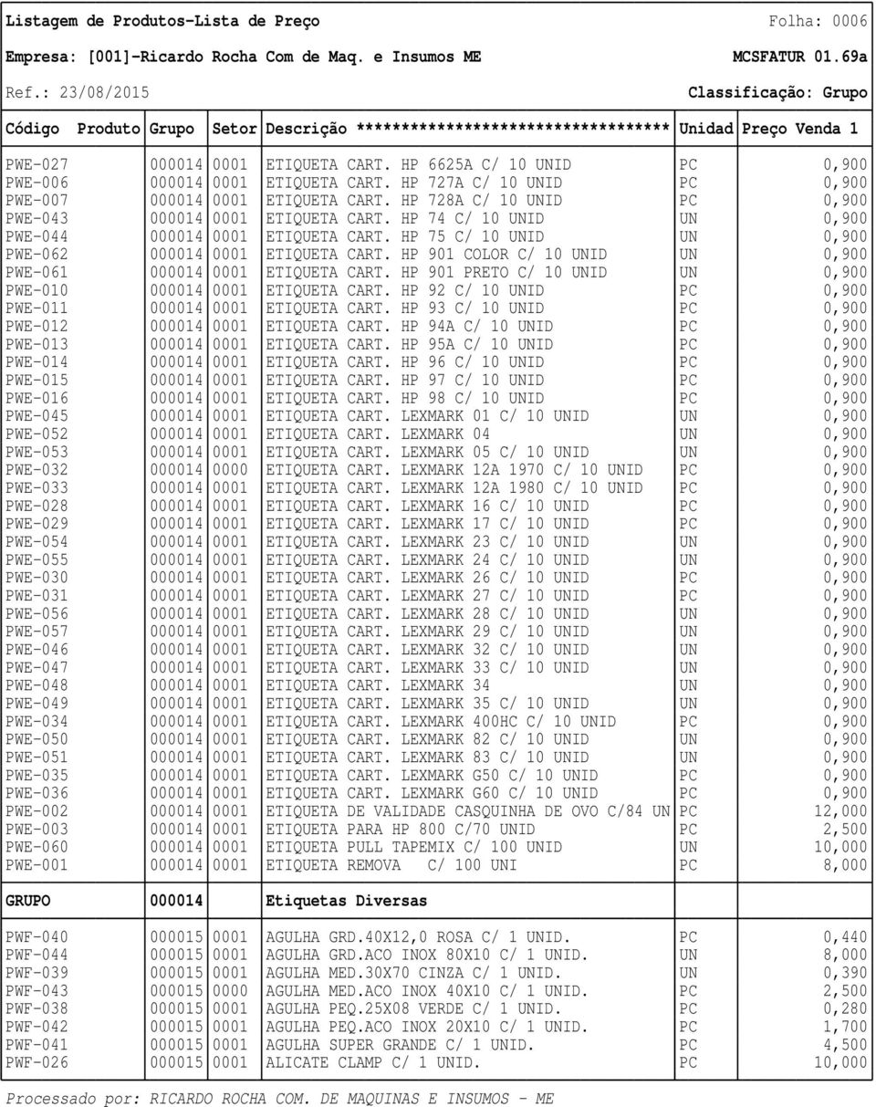 HP 75 C/ 10 UNID UN 0,900 PWE-062 000014 0001 ETIQUETA CART. HP 901 COLOR C/ 10 UNID UN 0,900 PWE-061 000014 0001 ETIQUETA CART. HP 901 PRETO C/ 10 UNID UN 0,900 PWE-010 000014 0001 ETIQUETA CART.