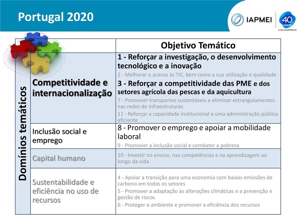 sustentáveis e eliminar estrangulamentos nas redes de infraestruturas 11 - Reforçar a capacidade institucional e uma administração pública eficiente 8 - Promover o emprego e apoiar a mobilidade