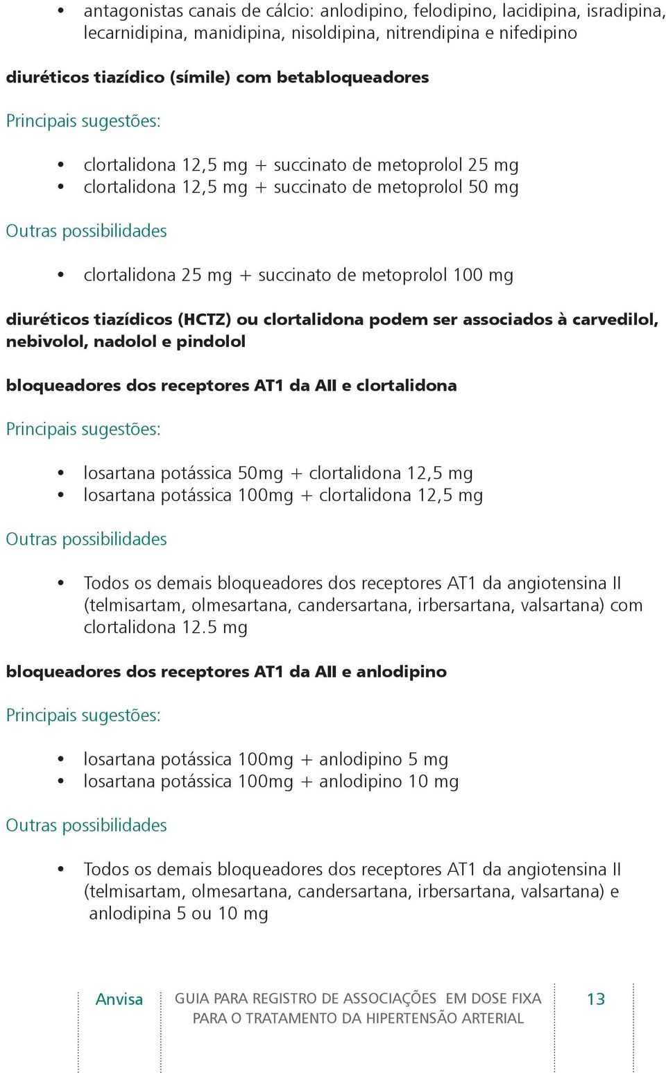 mg diuréticos tiazídicos (HCTZ) ou clortalidona podem ser associados à carvedilol, nebivolol, nadolol e pindolol bloqueadores dos receptores AT1 da AII e clortalidona Principais sugestões: losartana