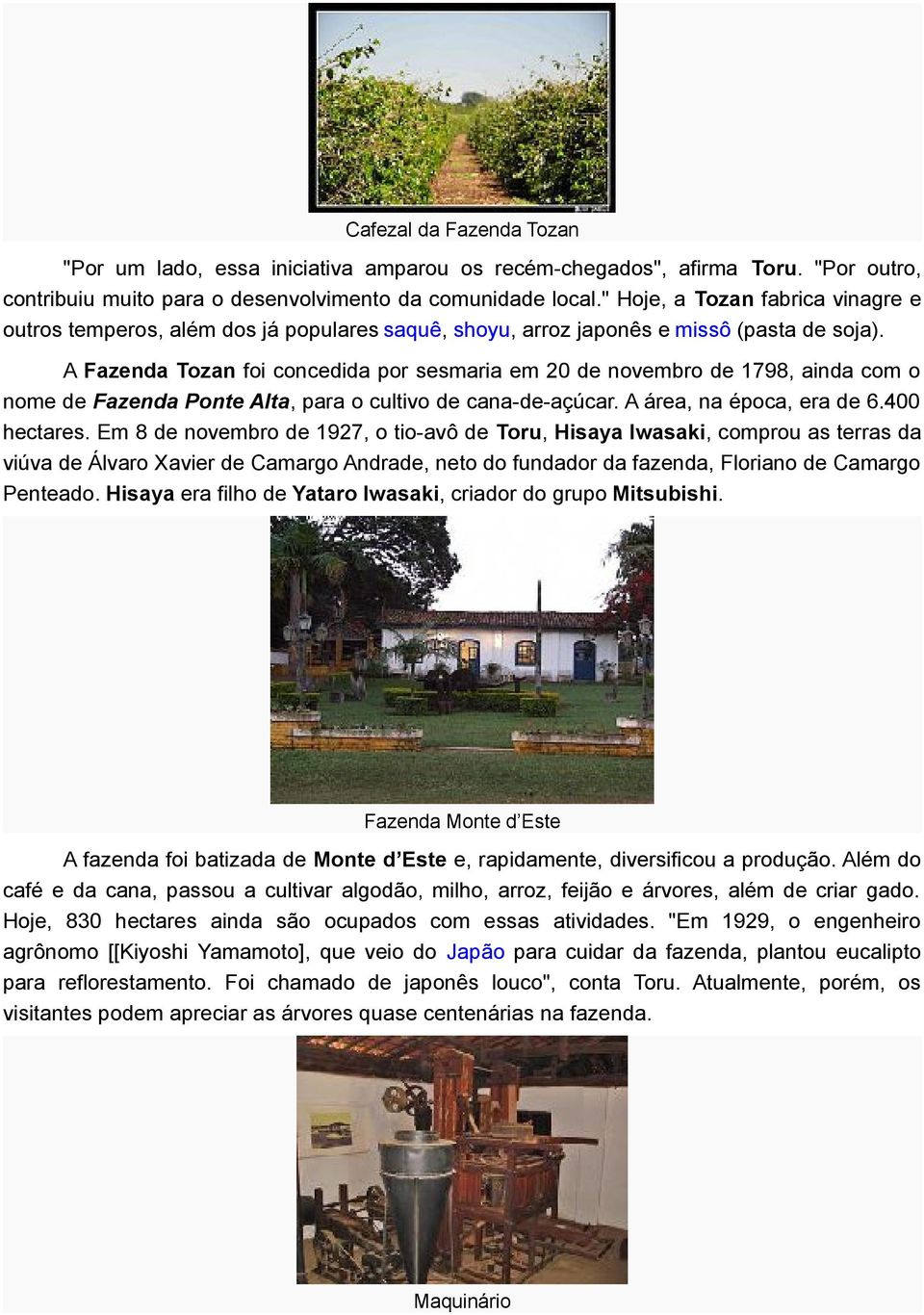 A Fazenda Tozan foi concedida por sesmaria em 20 de novembro de 1798, ainda com o nome de Fazenda Ponte Alta, para o cultivo de cana-de-açúcar. A área, na época, era de 6.400 hectares.