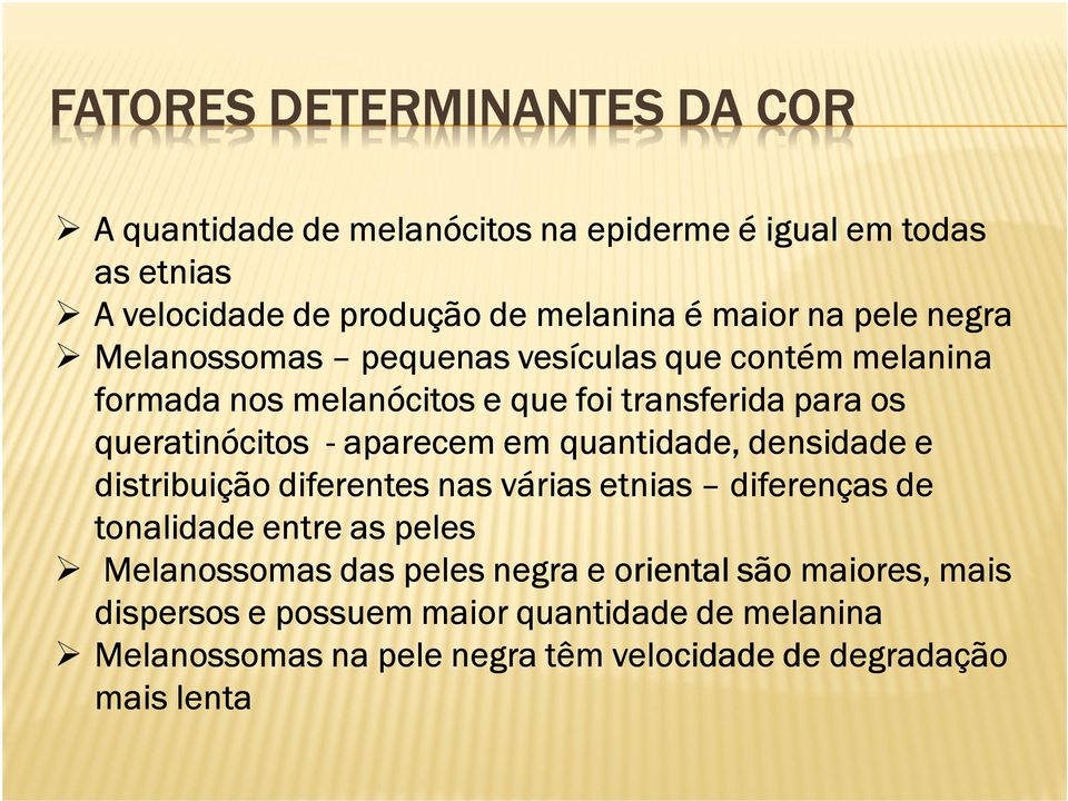 aparecem em quantidade, densidade e distribuição diferentes nas várias etnias diferenças de tonalidade entre as peles Melanossomas das peles