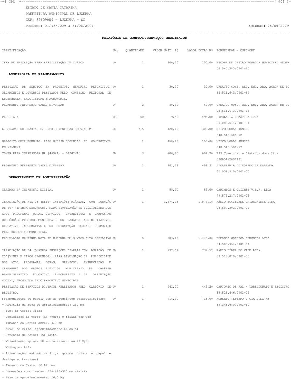 AGRON DE SC ORÇAMENTOS E DIVERSOS PRESTADOS PELO CONSELHO REGIONAL DE 82.511.643/0001-64 ENGENHARIA, ARQUITETURA E AGRONOMIA. PAGAMENTO REFERENTE TAXAS DIVERSAS UN 2 30,00 60,00 CREA/SC CONS. REG. ENG. ARQ. AGRON DE SC 82.