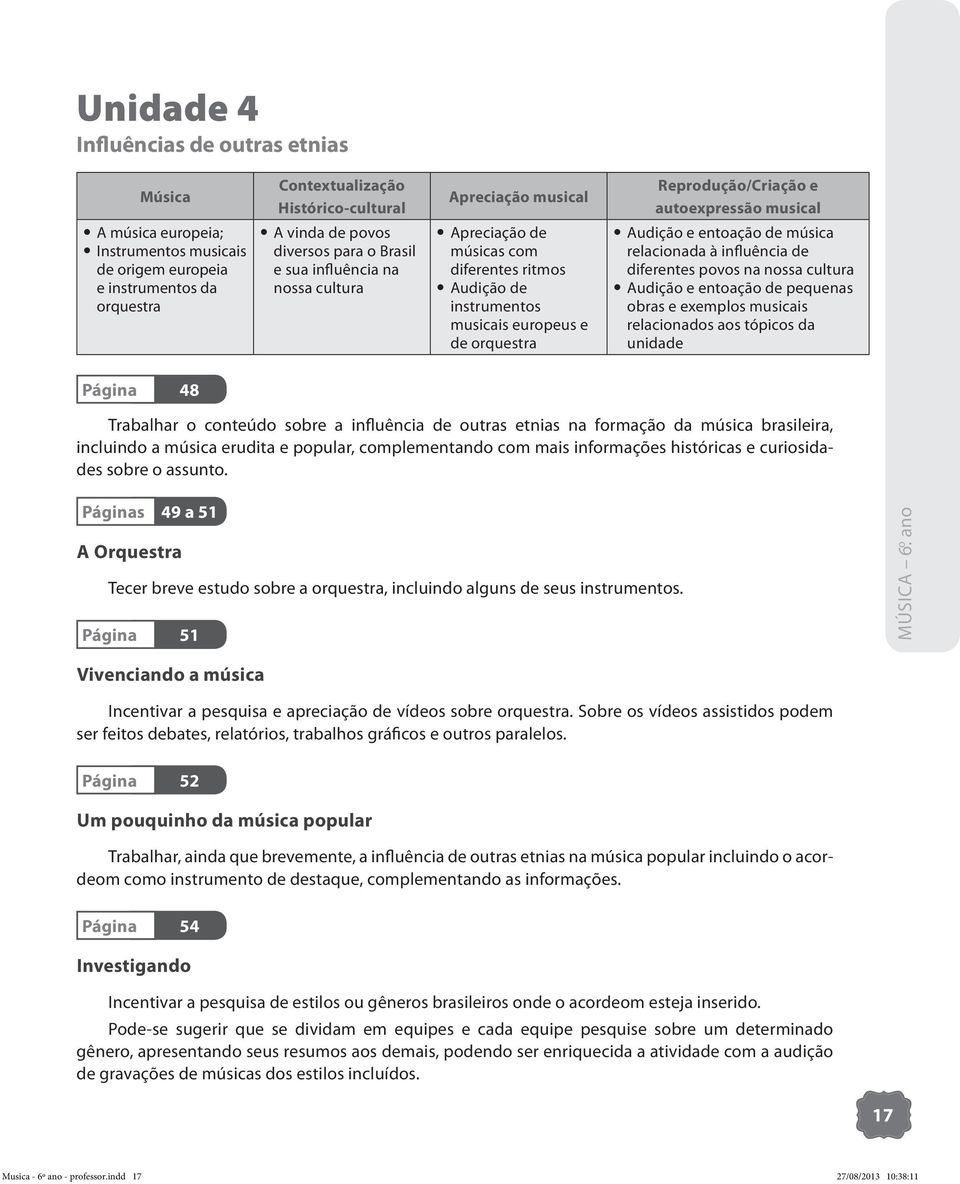 autoexpressão musical Audição e entoação de música relacionada à influência de diferentes povos na nossa cultura Audição e entoação de pequenas obras e exemplos musicais relacionados aos tópicos da