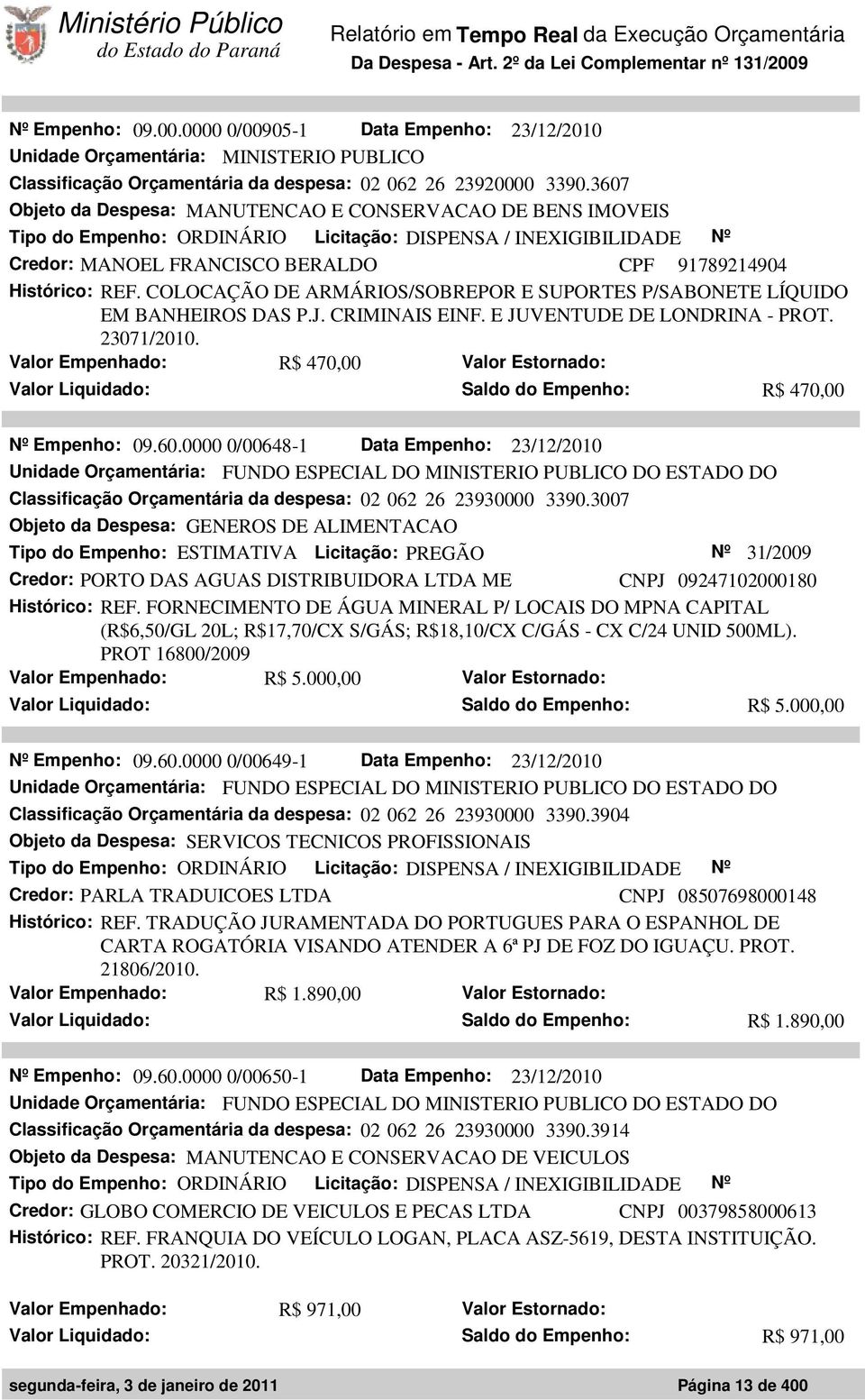 COLOCAÇÃO DE ARMÁRIOS/SOBREPOR E SUPORTES P/SABONETE LÍQUIDO EM BANHEIROS DAS P.J. CRIMINAIS EINF. E JUVENTUDE DE LONDRINA - PROT. 23071/2010.
