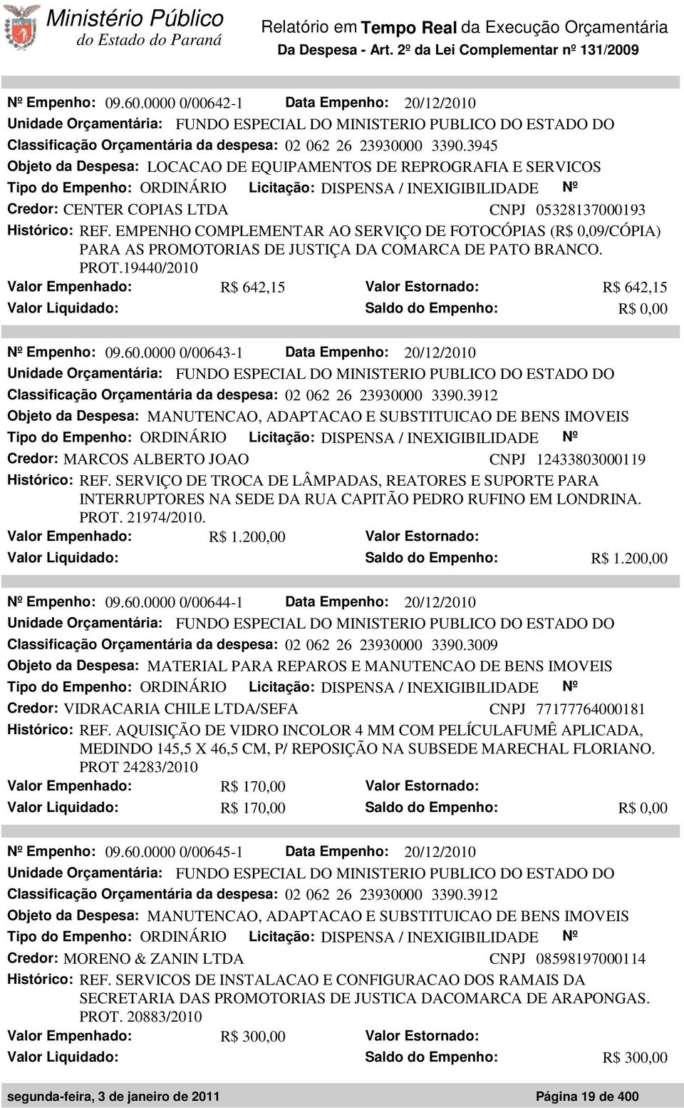 EMPENHO COMPLEMENTAR AO SERVIÇO DE FOTOCÓPIAS (R$ 0,09/CÓPIA) PARA AS PROMOTORIAS DE JUSTIÇA DA COMARCA DE PATO BRANCO. PROT.