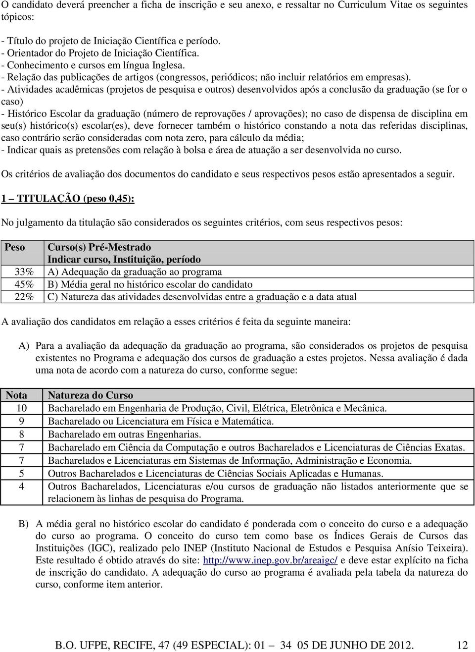 - Atividades acadêmicas (projetos de pesquisa e outros) desenvolvidos após a conclusão da graduação (se for o caso) - Histórico Escolar da graduação (número de reprovações / aprovações); no caso de