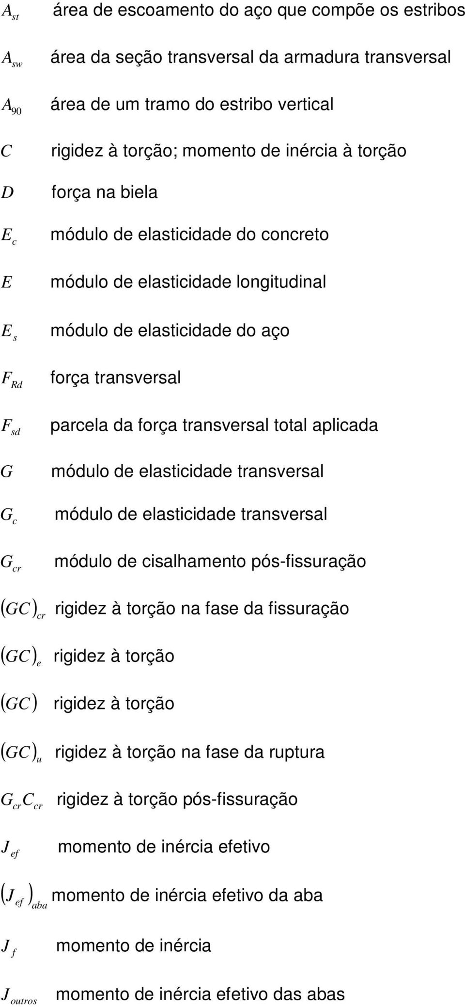 aplicada G G c módulo de elasticidade transversal módulo de elasticidade transversal G cr módulo de cisalhamento pós-fissuração ( GC ) cr rigidez à torção na fase da fissuração ( GC ) e rigidez à