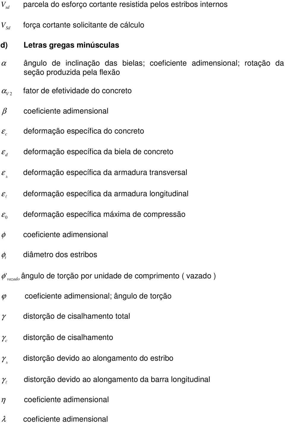 deformação específica da armadura transversal ε l deformação específica da armadura longitudinal ε 0 deformação específica máxima de compressão φ coeficiente adimensional φ t diâmetro dos estribos φ'