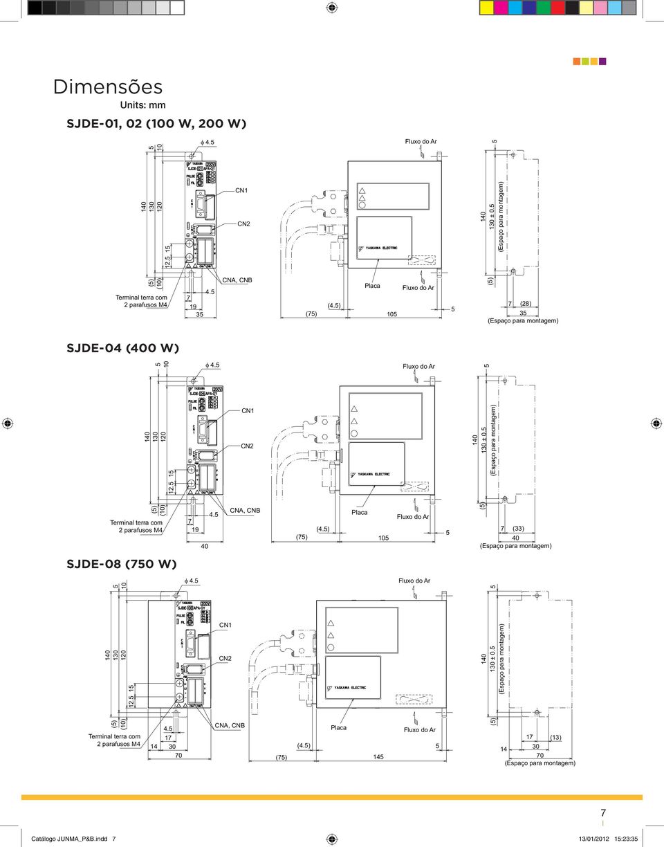 (Espaço para montagem) () () Terminal terra com 2 parafusos M4 4. 19 40 CN, CNB () (4.) Placa Fluxo do r () () 40 (Espaço para montagem) SJDE-08 (0 W) φ 4.
