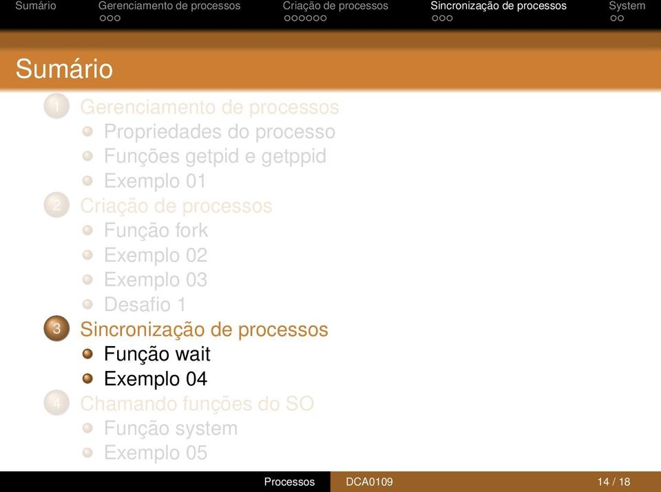 02 Exemplo 03 Desafio 1 3 Sincronização de processos Função wait Exemplo