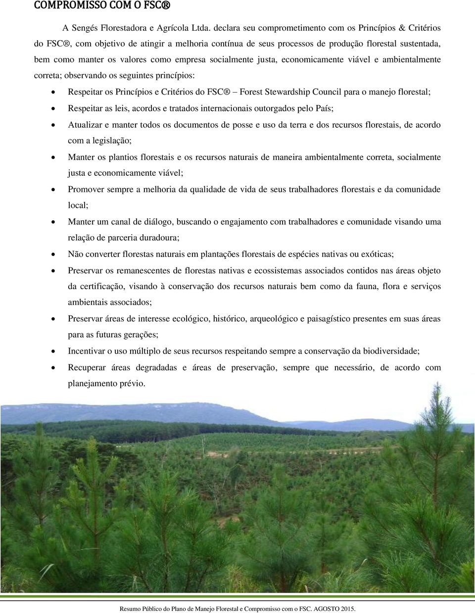 empresa socialmente justa, economicamente viável e ambientalmente correta; observando os seguintes princípios: Respeitar os Princípios e Critérios do FSC Forest Stewardship Council para o manejo