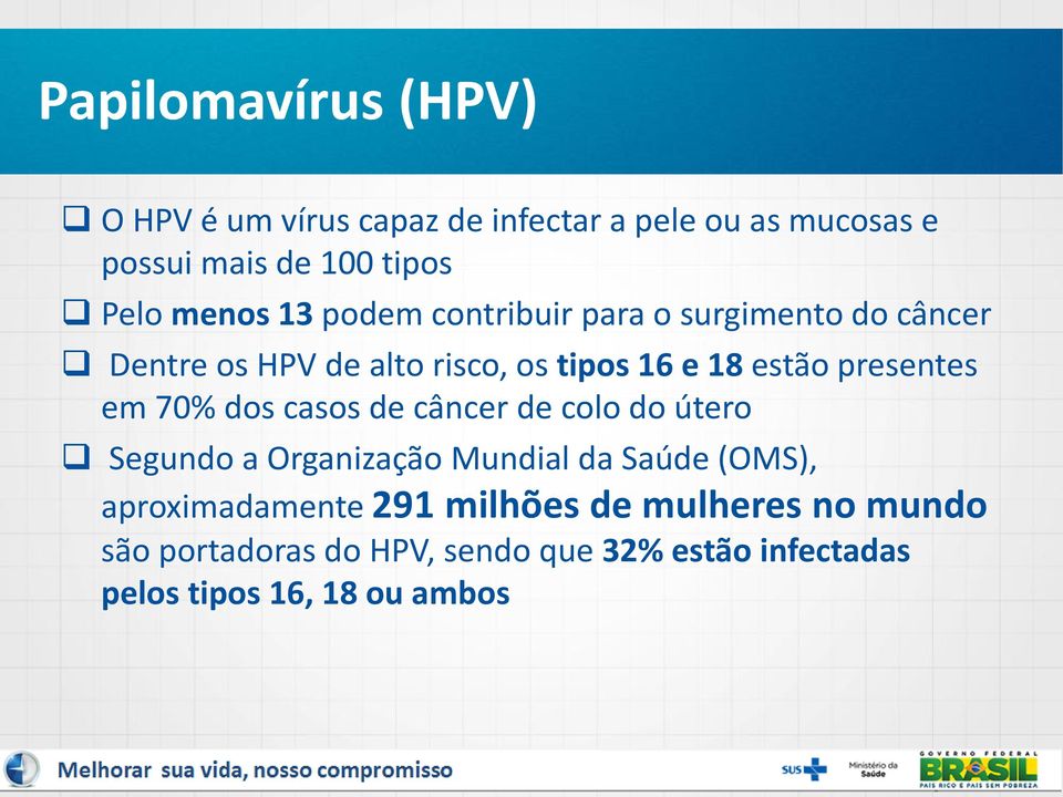 presentes em 70% dos casos de câncer de colo do útero Segundo a Organização Mundial da Saúde (OMS),