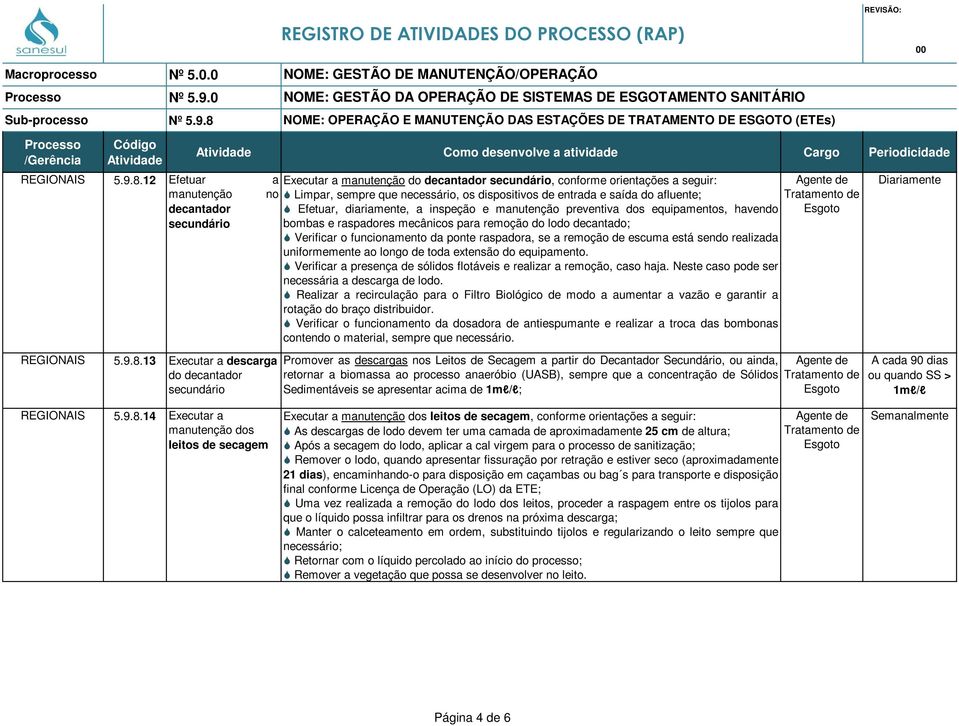 necessário, os dispositivos de entrada e saída do afluente; Efetuar, diariamente, a inspeção e manutenção preventiva dos equipamentos, havendo bombas e raspadores mecânicos para remoção do lodo