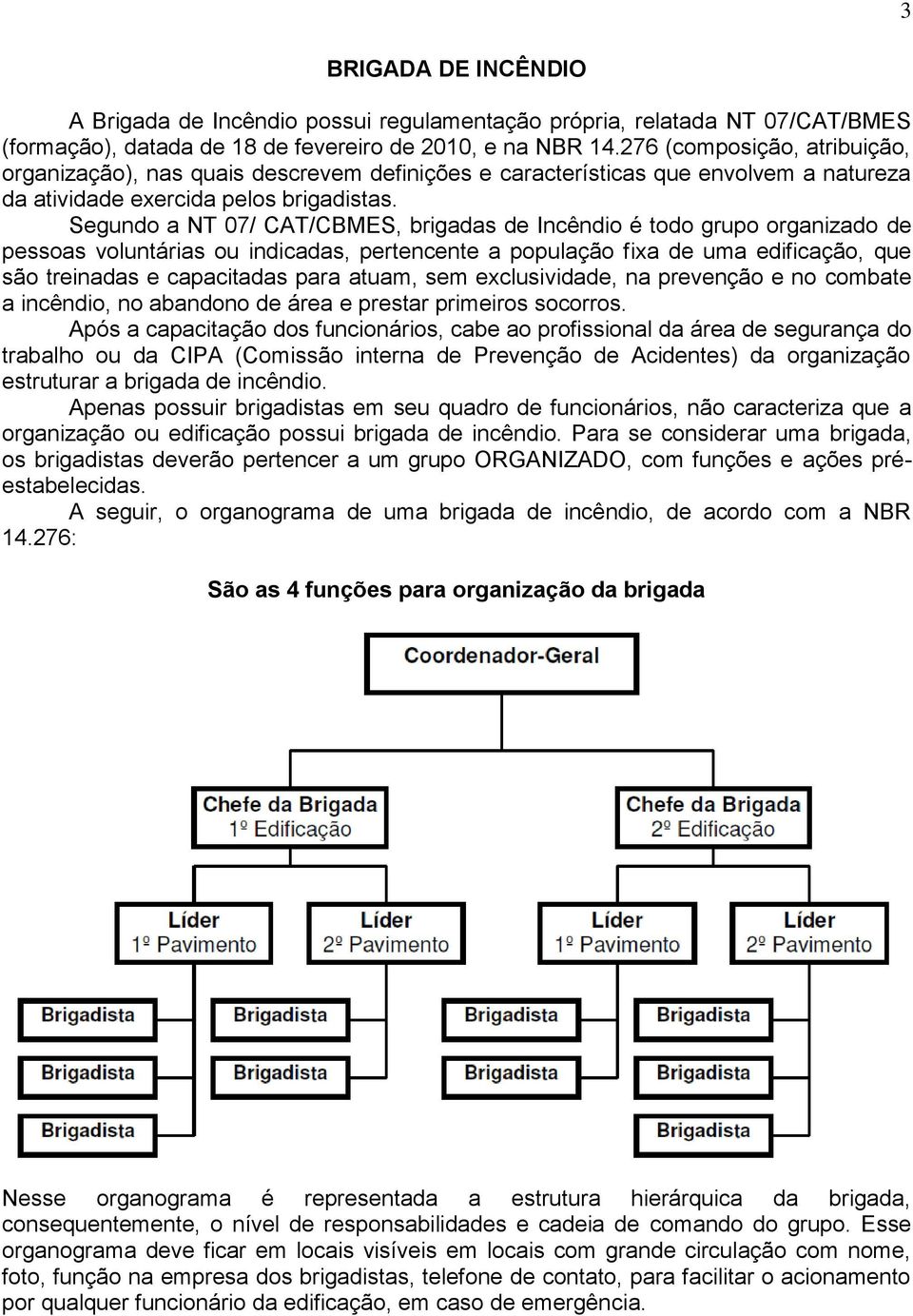 Segundo a NT 07/ CAT/CBMES, brigadas de Incêndio é todo grupo organizado de pessoas voluntárias ou indicadas, pertencente a população fixa de uma edificação, que são treinadas e capacitadas para