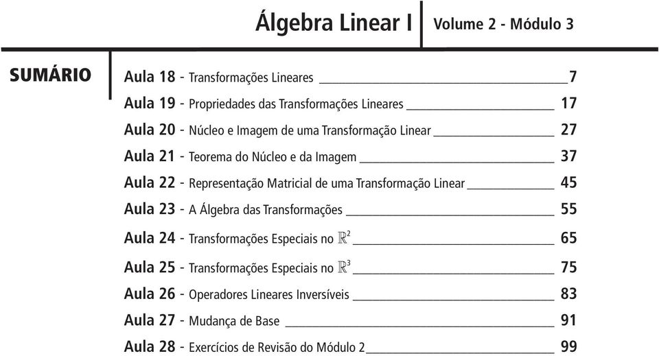 uma Transformação Linear 45 Aula 23 - A Álgebra das Transformações 55 Aula 24 - Transformações Especiais no 22 65 Aula 25 -
