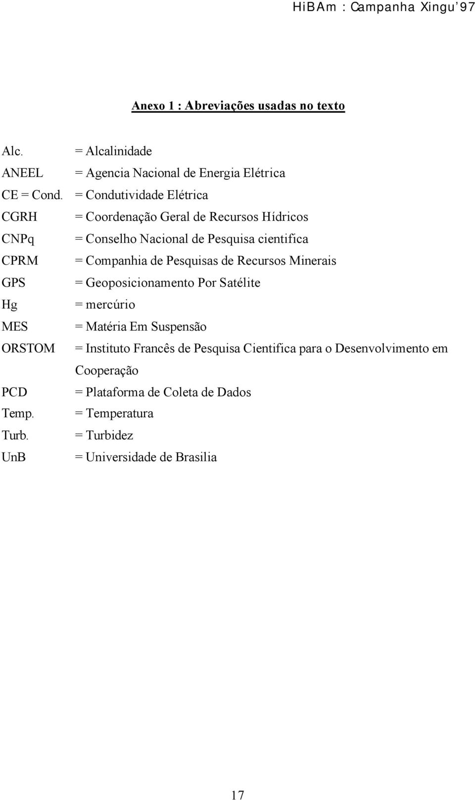 Pesquisas de Recursos Minerais GPS = Geoposicionamento Por Satélite Hg = mercúrio MES = Matéria Em Suspensão ORSTOM = Instituto Francês de