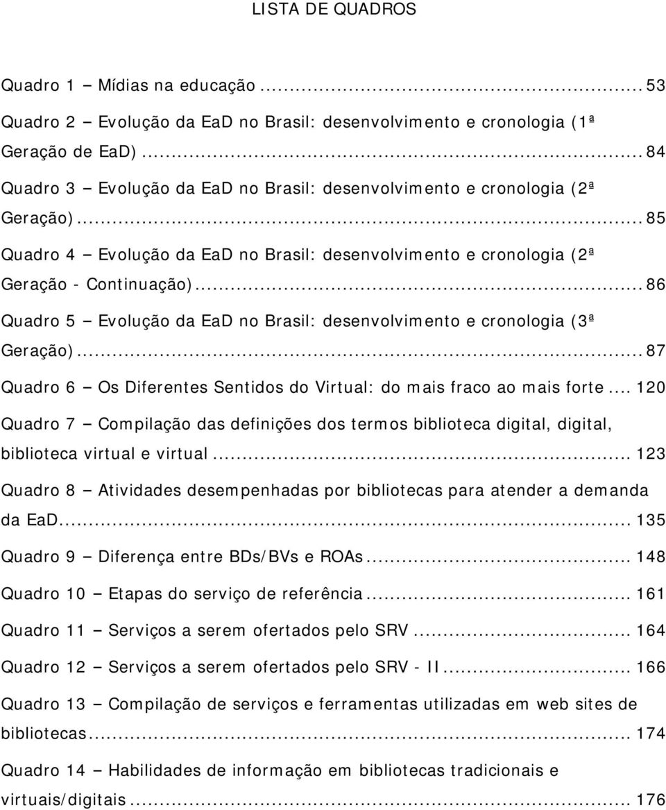 .. 86 Quadro 5 Evolução da EaD no Brasil: desenvolvimento e cronologia (3ª Geração)... 87 Quadro 6 Os Diferentes Sentidos do Virtual: do mais fraco ao mais forte.