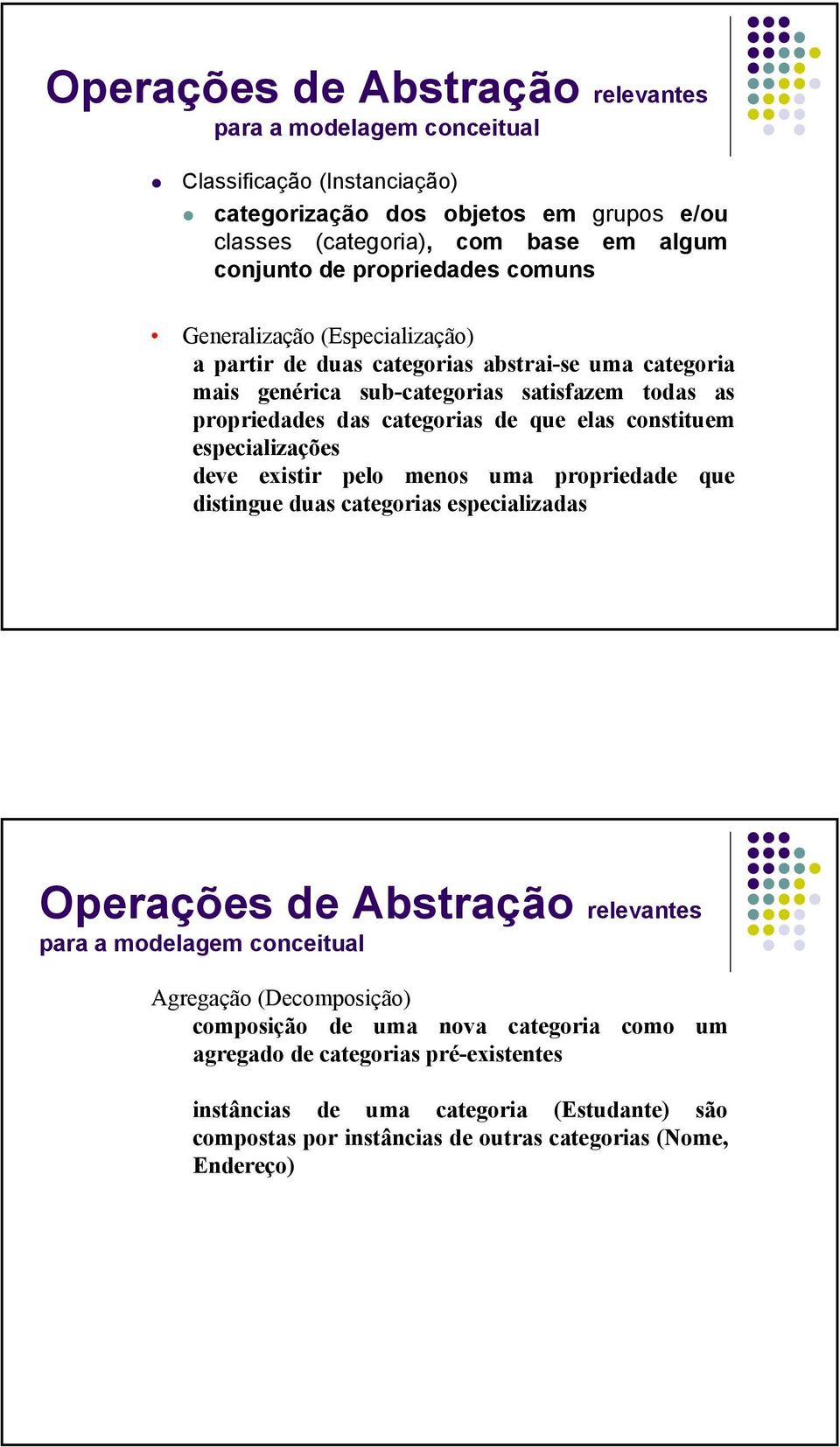 elas constituem especializações deve existir pelo menos uma propriedade que distingue duas categorias especializadas Operações de Abstração relevantes para a modelagem conceitual Agregação