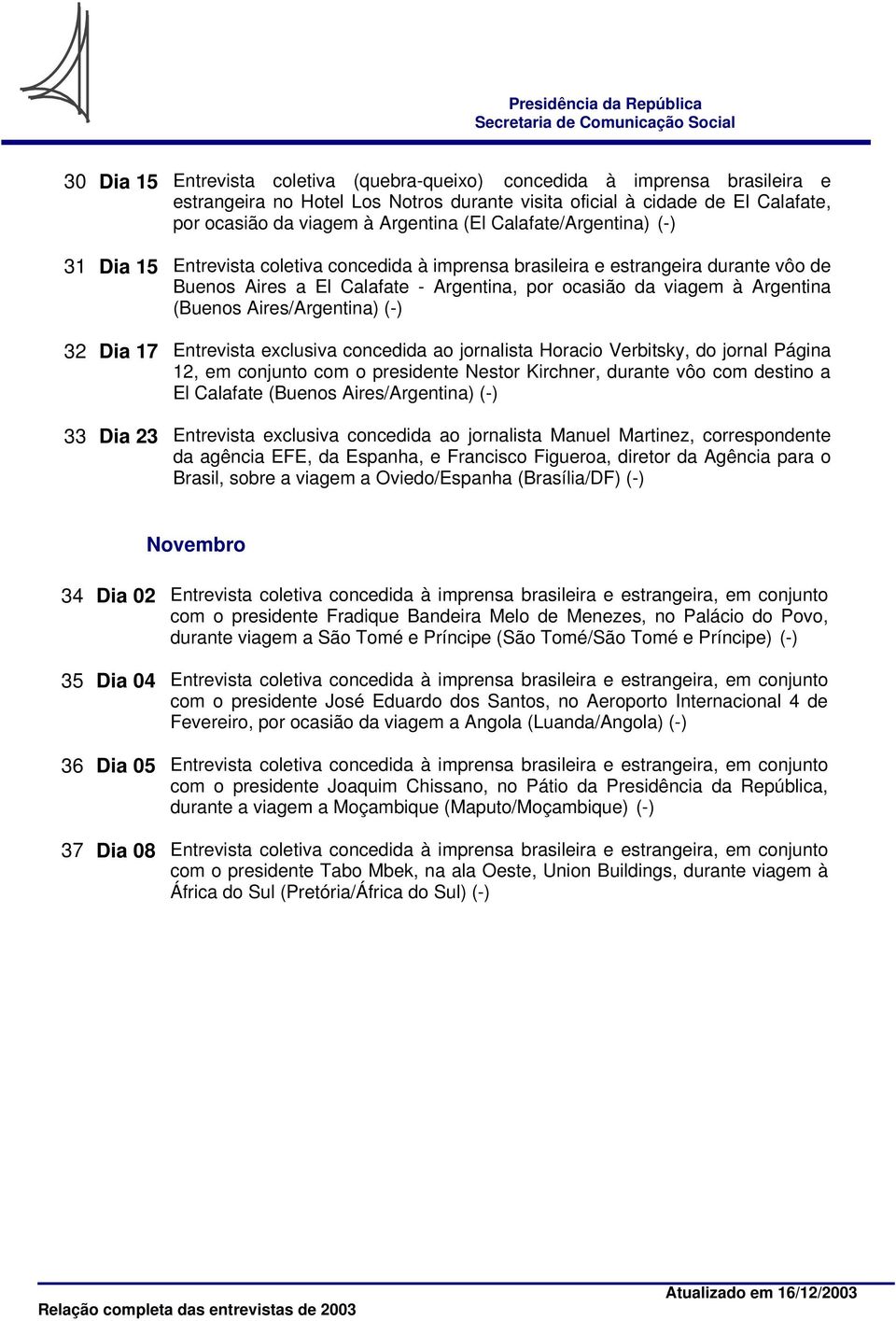 Aires/Argentina) (-) 32 Dia 17 Entrevista exclusiva concedida ao jornalista Horacio Verbitsky, do jornal Página 12, em conjunto com o presidente Nestor Kirchner, durante vôo com destino a El Calafate