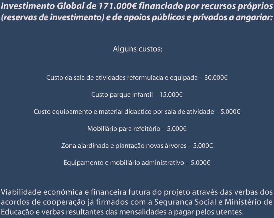 e equipada 30.000 Custo parque Infantil 15.000 Custo equipamento e material didáctico por sala de atividade 5.000 Mobiliário para refeitório 5.