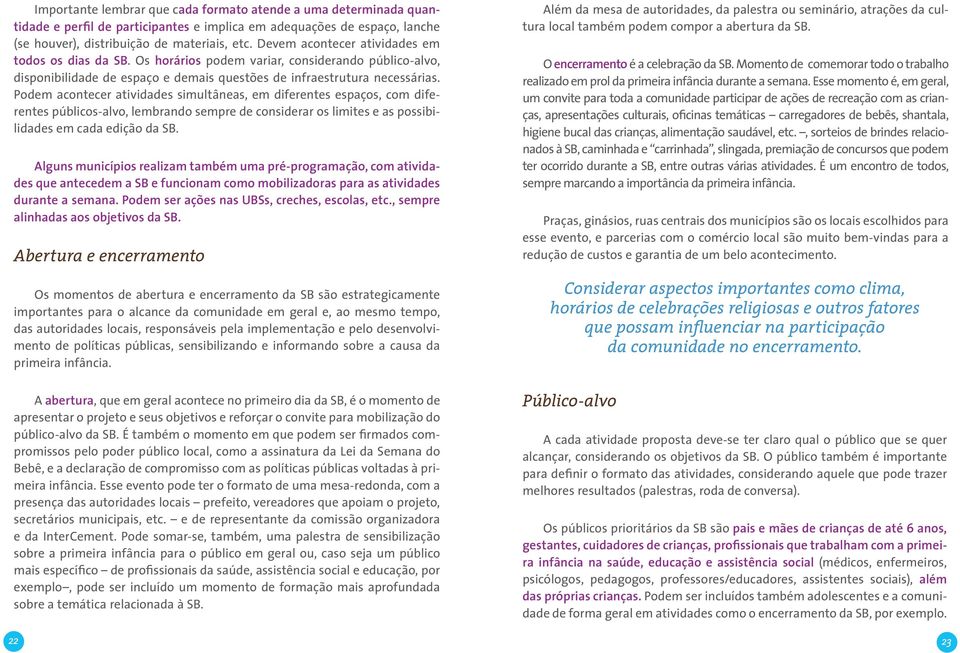 Podem acontecer atividades simultâneas, em diferentes espaços, com diferentes públicos-alvo, lembrando sempre de considerar os limites e as possibilidades em cada edição da SB.