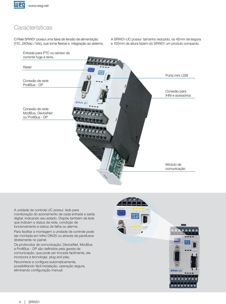 Reset Conexão de rede ProfiBus - DP Porta mini USB Conexão para IHM e acessórios Conexão de rede ModBus, DeviceNet ou ProfiBus - DP Módulo de comunicação A unidade de controle UC possui leds para