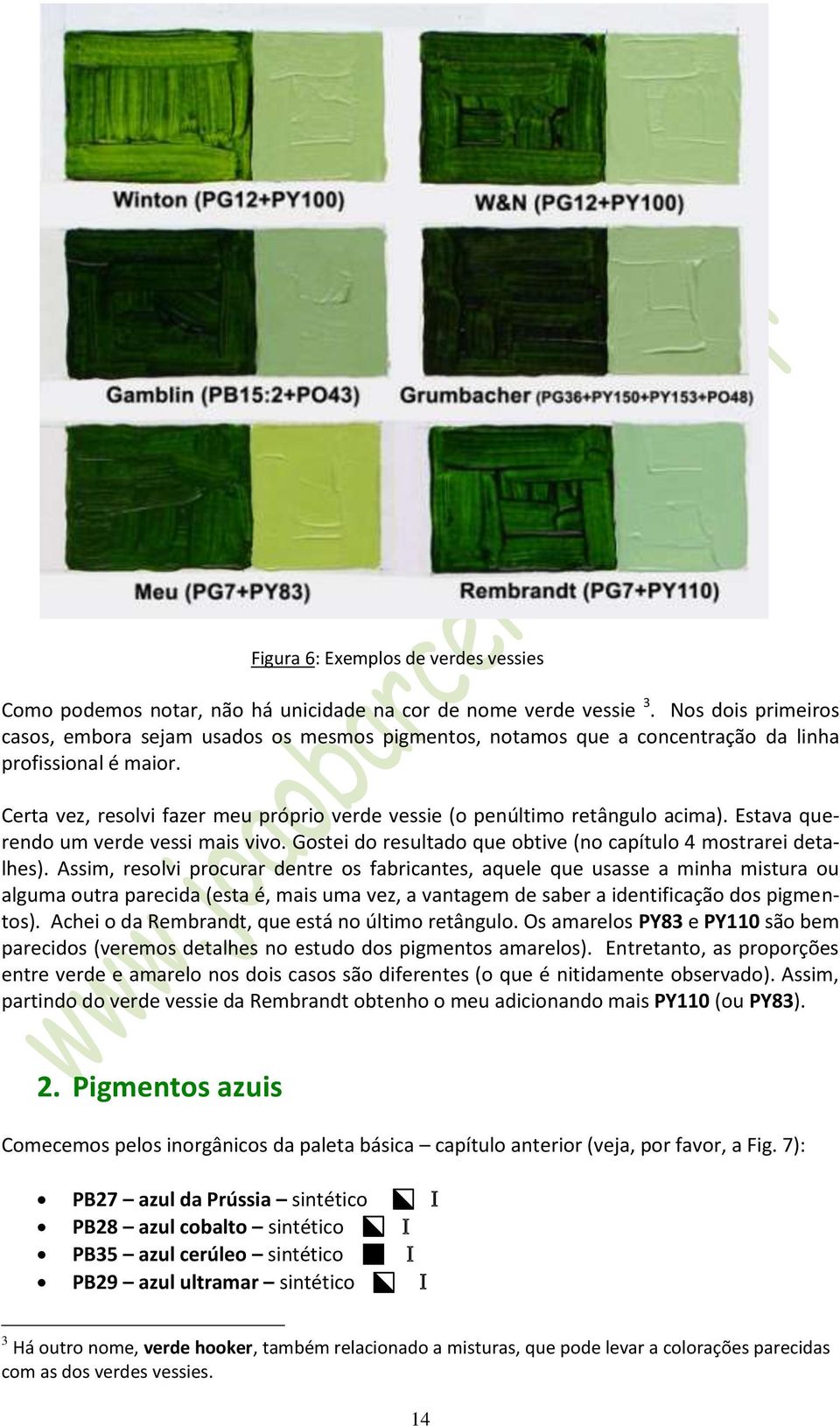 Certa vez, resolvi fazer meu próprio verde vessie (o penúltimo retângulo acima). Estava querendo um verde vessi mais vivo. Gostei do resultado que obtive (no capítulo 4 mostrarei detalhes).