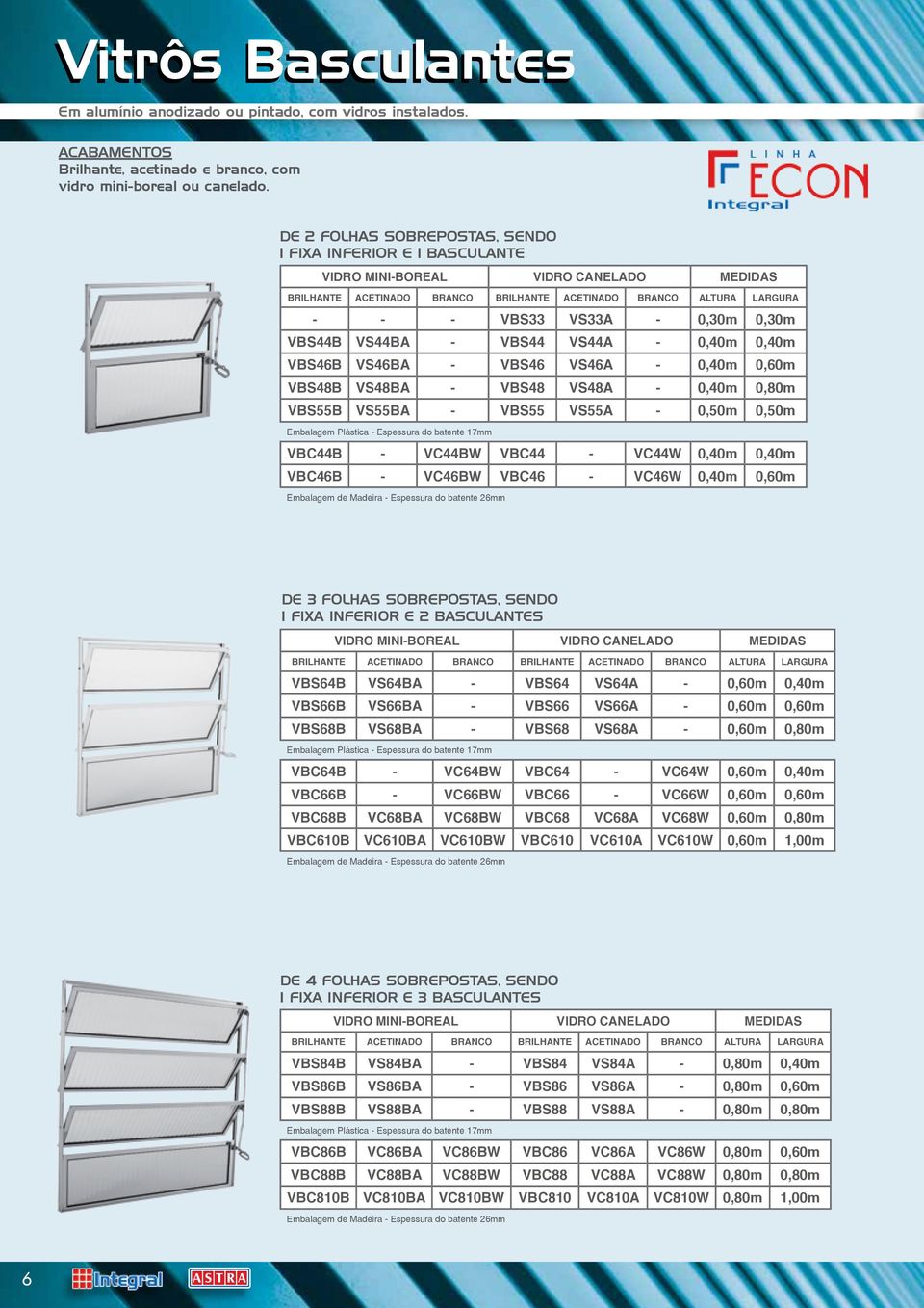 VS48A - 0,40m 0,80m VBS55B VS55BA - VBS55 VS55A - 0,50m 0,50m Embalagem Plástica - Espessura do batente 17mm VBC44B - VC44BW VBC44 - VC44W 0,40m 0,40m VBC46B - VC46BW VBC46 - VC46W 0,40m 0,60m