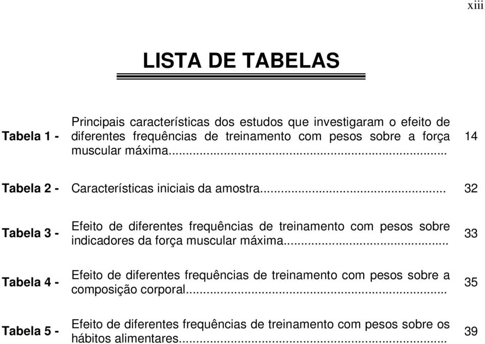 .. 32 Tabela 3 - Efeito de diferentes frequências de treinamento com pesos sobre indicadores da força muscular máxima.