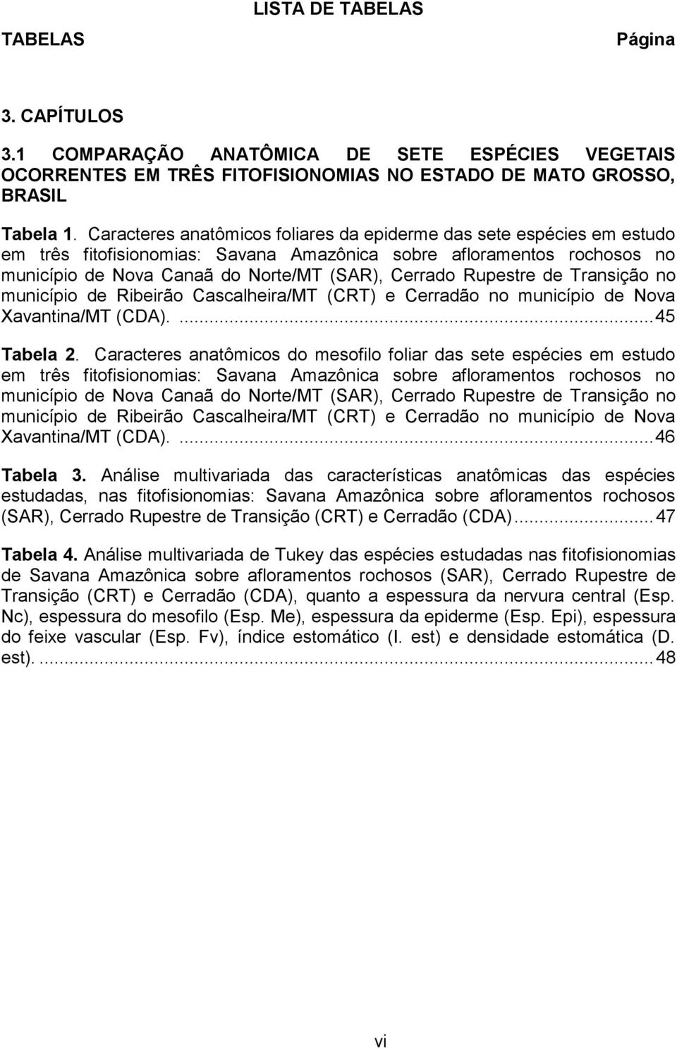 Rupestre de Transição no município de Ribeirão Cascalheira/MT (CRT) e Cerradão no município de Nova Xavantina/MT (CDA).... 45 Tabela 2.