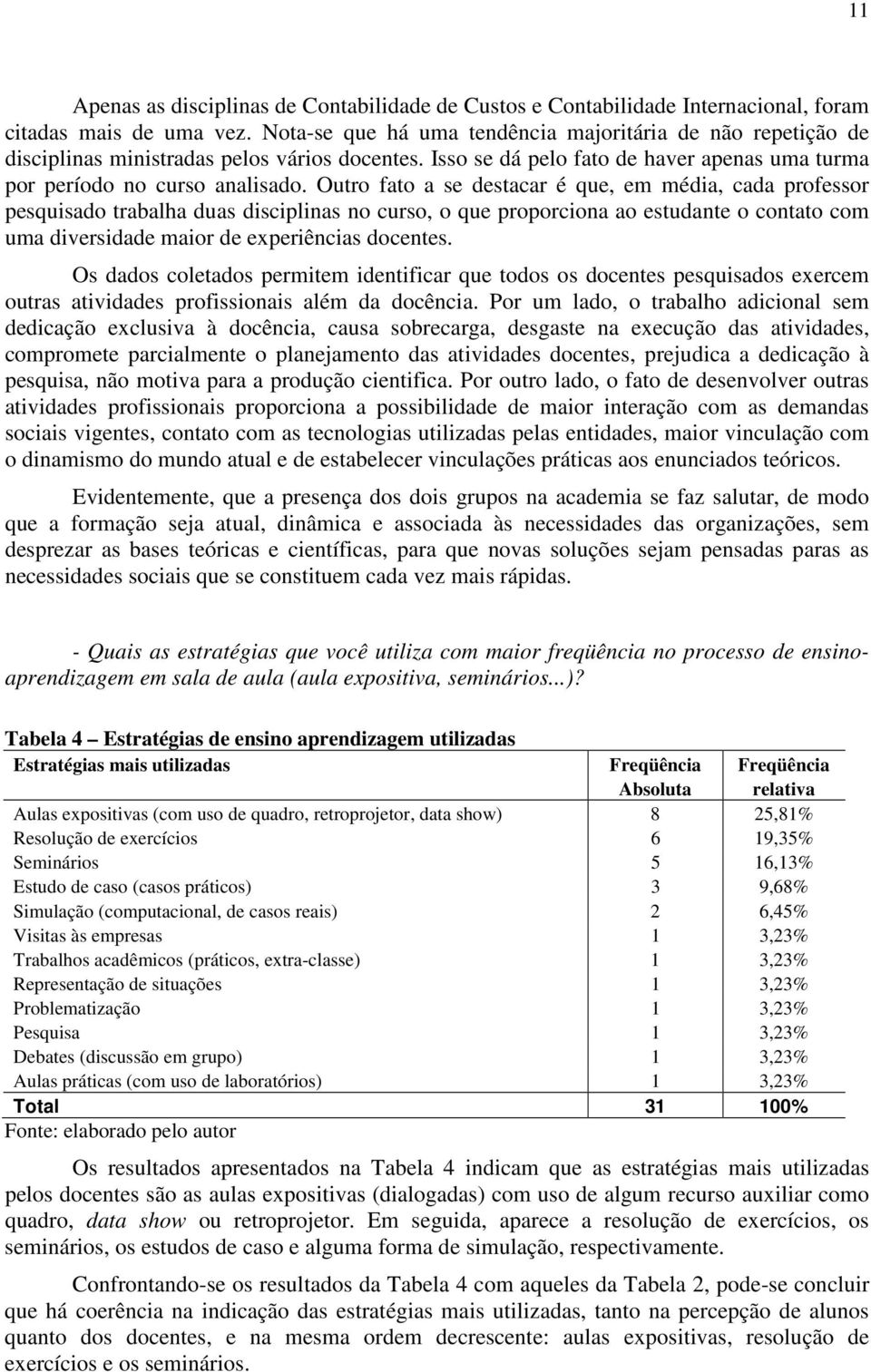 Outro fato a se destacar é que, em média, cada professor pesquisado trabalha duas disciplinas no curso, o que proporciona ao estudante o contato com uma diversidade maior de experiências docentes.