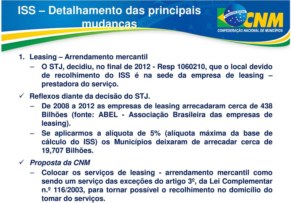 Reflexos diante da decisão do STJ. De 2008 a 2012 as empresas de leasing arrecadaram cerca de 438 Bilhões (fonte: ABEL - Associação Brasileira das empresas de leasing).