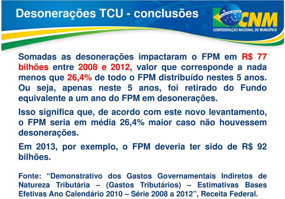 Isso significa que, de acordo com este novo levantamento, o FPM seria em média 26,4% maior caso não houvessem desonerações.