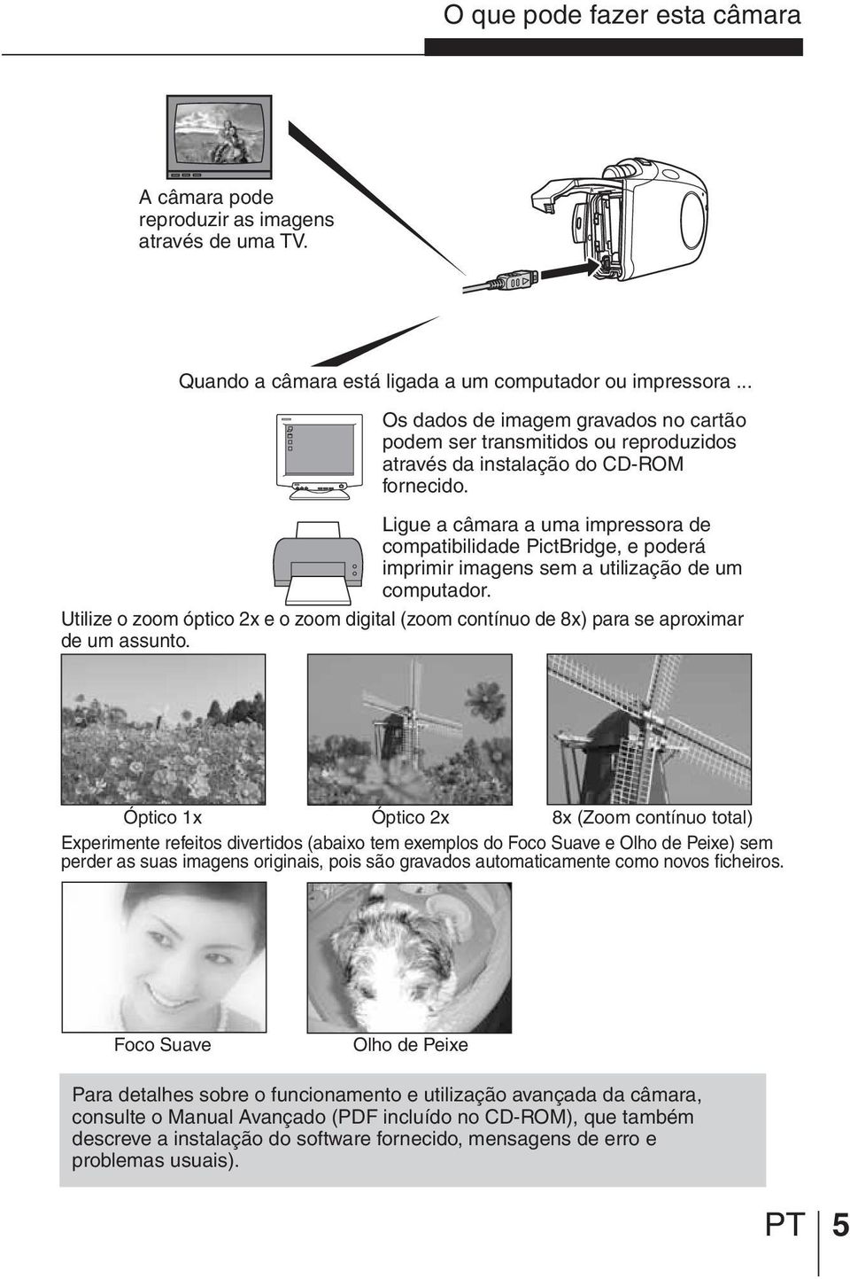 Ligue a câmara a uma impressora de compatibilidade PictBridge, e poderá imprimir imagens sem a utilização de um computador.