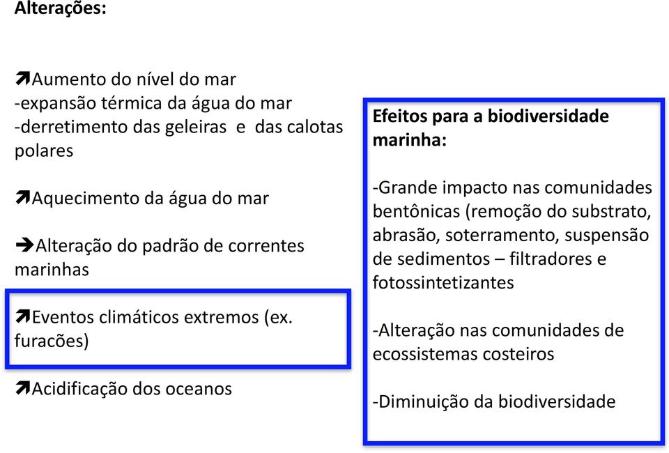 furacões) Acidificação dos oceanos Efeitos para a biodiversidade marinha: -Grande impacto nas comunidades bentônicas (remoção do