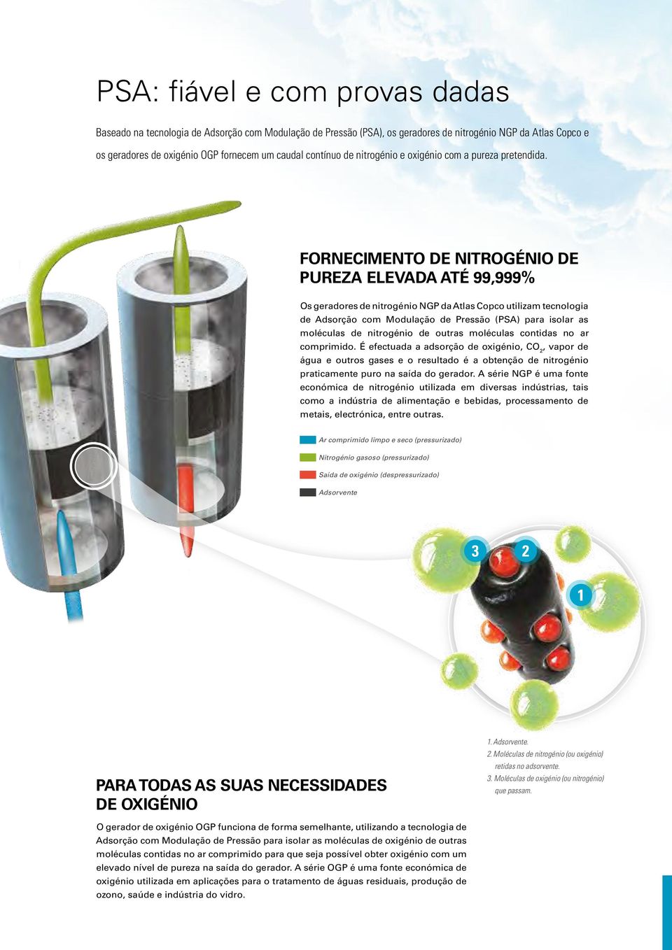 FORNECIMENTO DE NITROGÉNIO DE PUREZA ELEVADA ATÉ 99,999% Os geradores de nitrogénio NGP da Atlas Copco utilizam tecnologia de Adsorção com Modulação de Pressão (PSA) para isolar as moléculas de