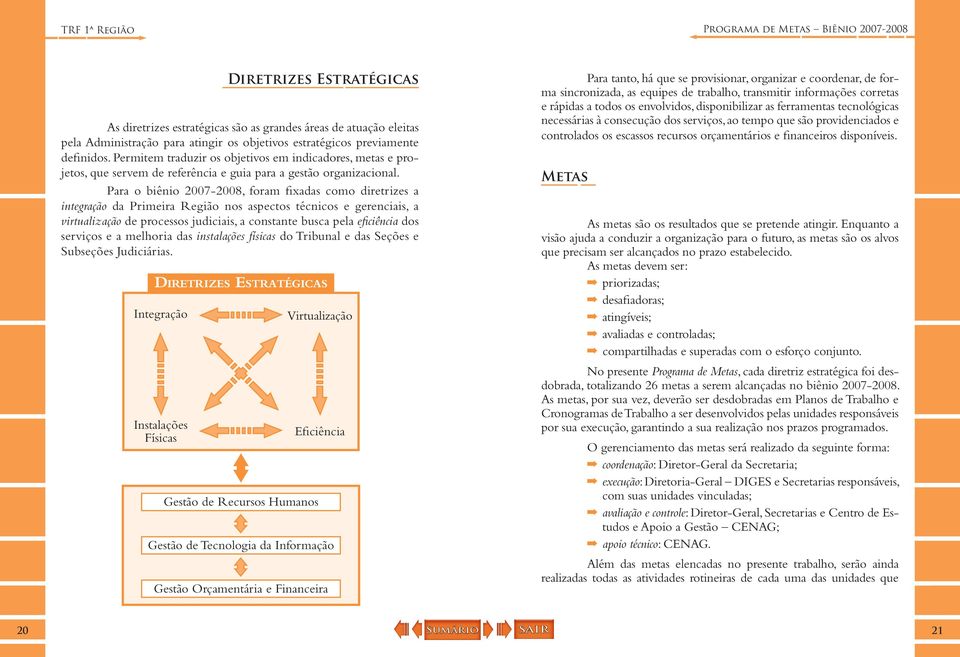 Para o biênio 2007-2008, foram fixadas como diretrizes a integração da Primeira Região nos aspectos técnicos e gerenciais, a virtualização de processos judiciais, a constante busca pela eficiência