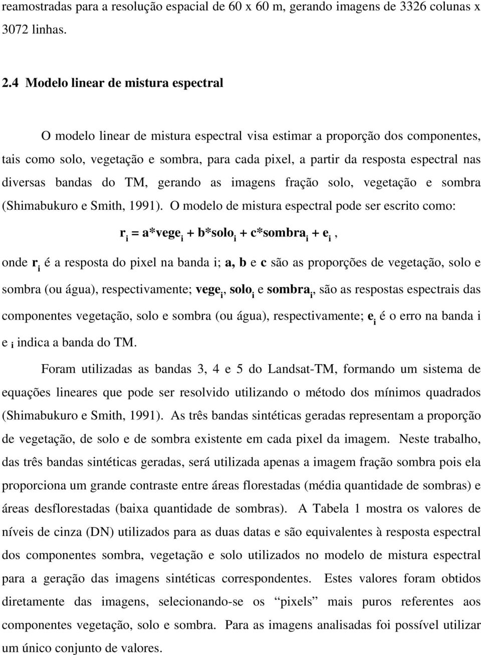 nas diversas bandas do TM, gerando as imagens fração solo, vegetação e sombra (Shimabukuro e Smith, 1991).