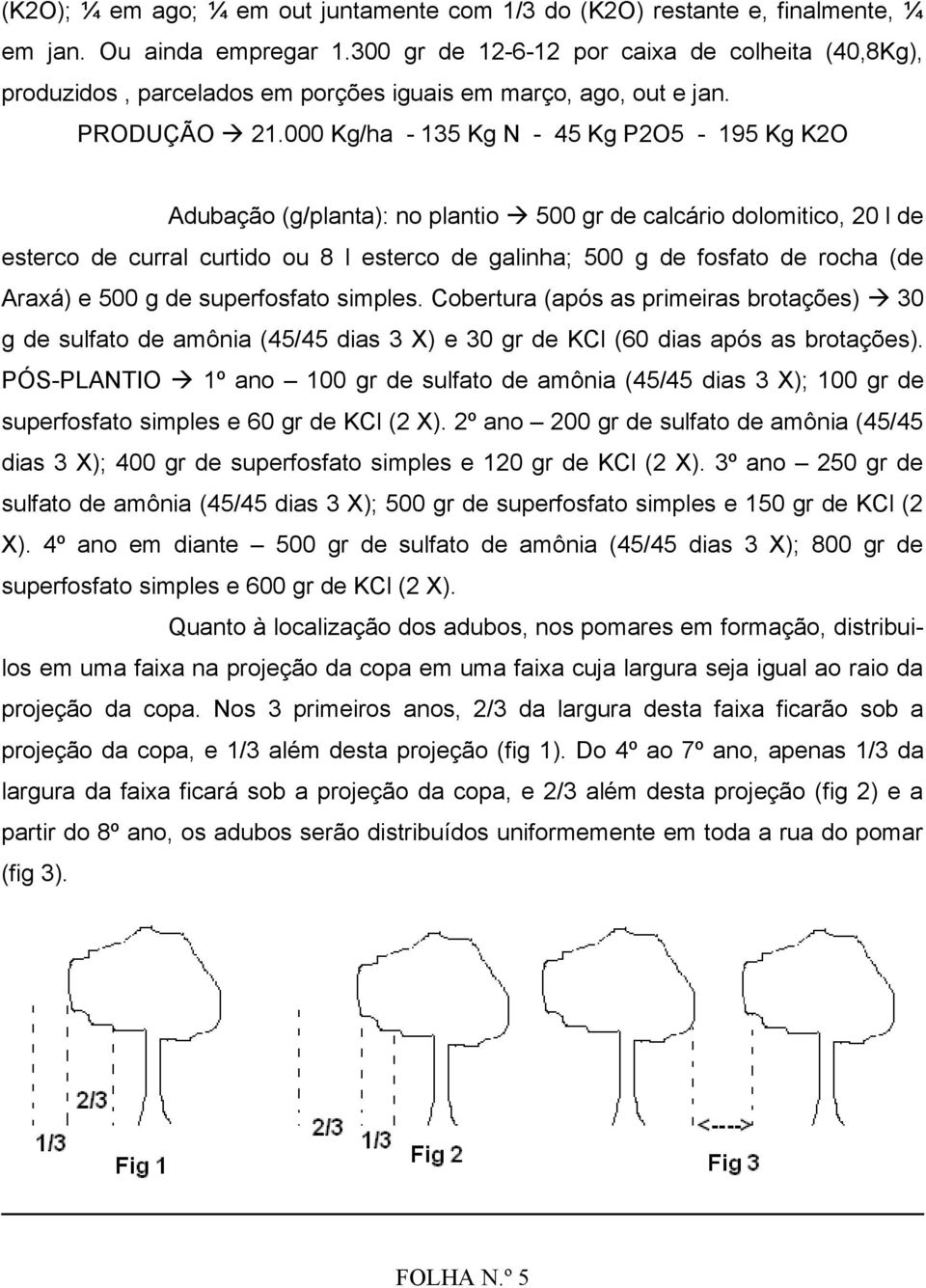 000 Kg/ha - 135 Kg N - 45 Kg P2O5-195 Kg K2O Adubação (g/planta): no plantio 500 gr de calcário dolomitico, 20 l de esterco de curral curtido ou 8 l esterco de galinha; 500 g de fosfato de rocha (de