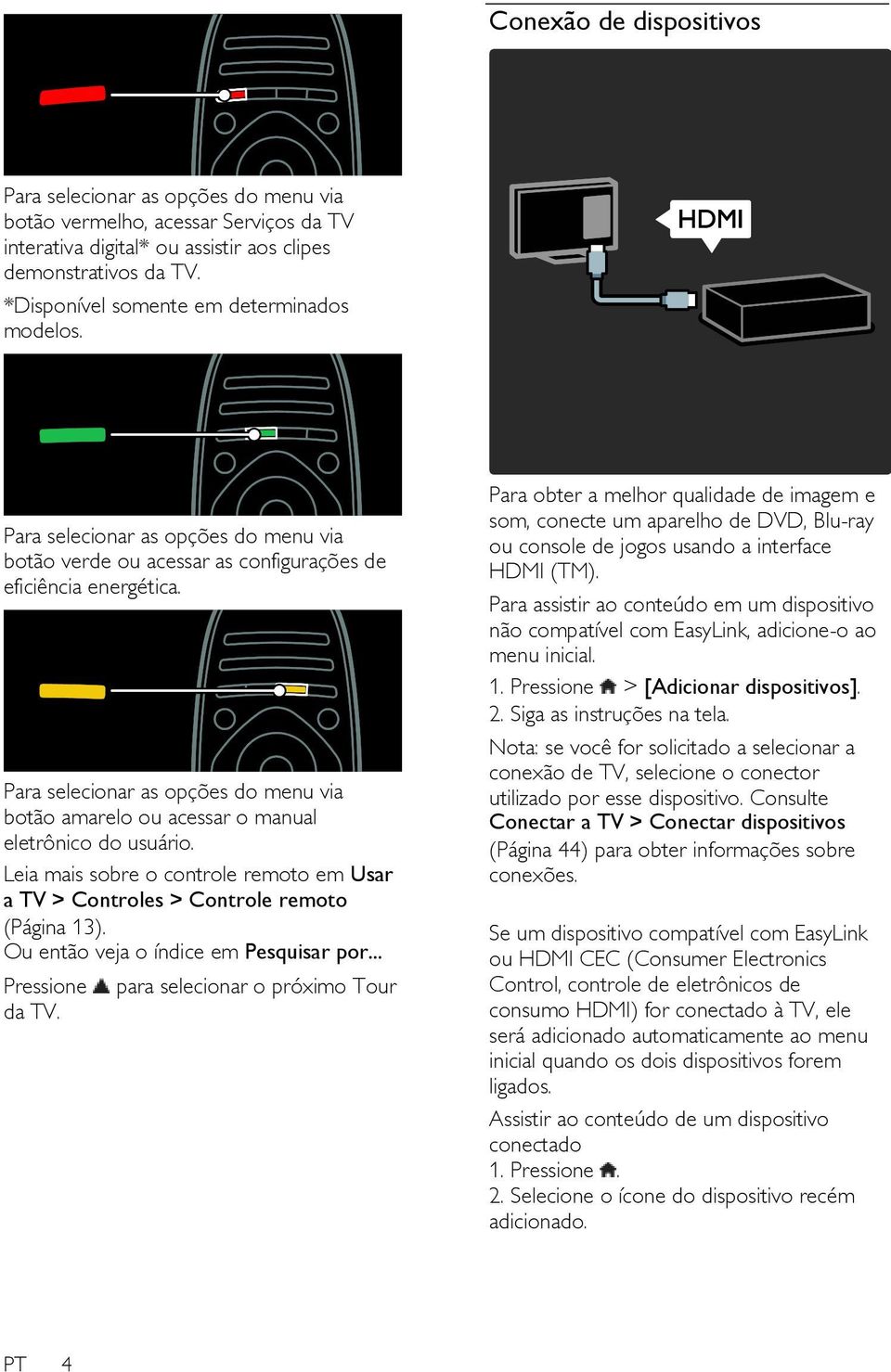 Para selecionar as opções do menu via botão amarelo ou acessar o manual eletrônico do usuário. Leia mais sobre o controle remoto em Usar a TV > Controles > Controle remoto (Página 13).