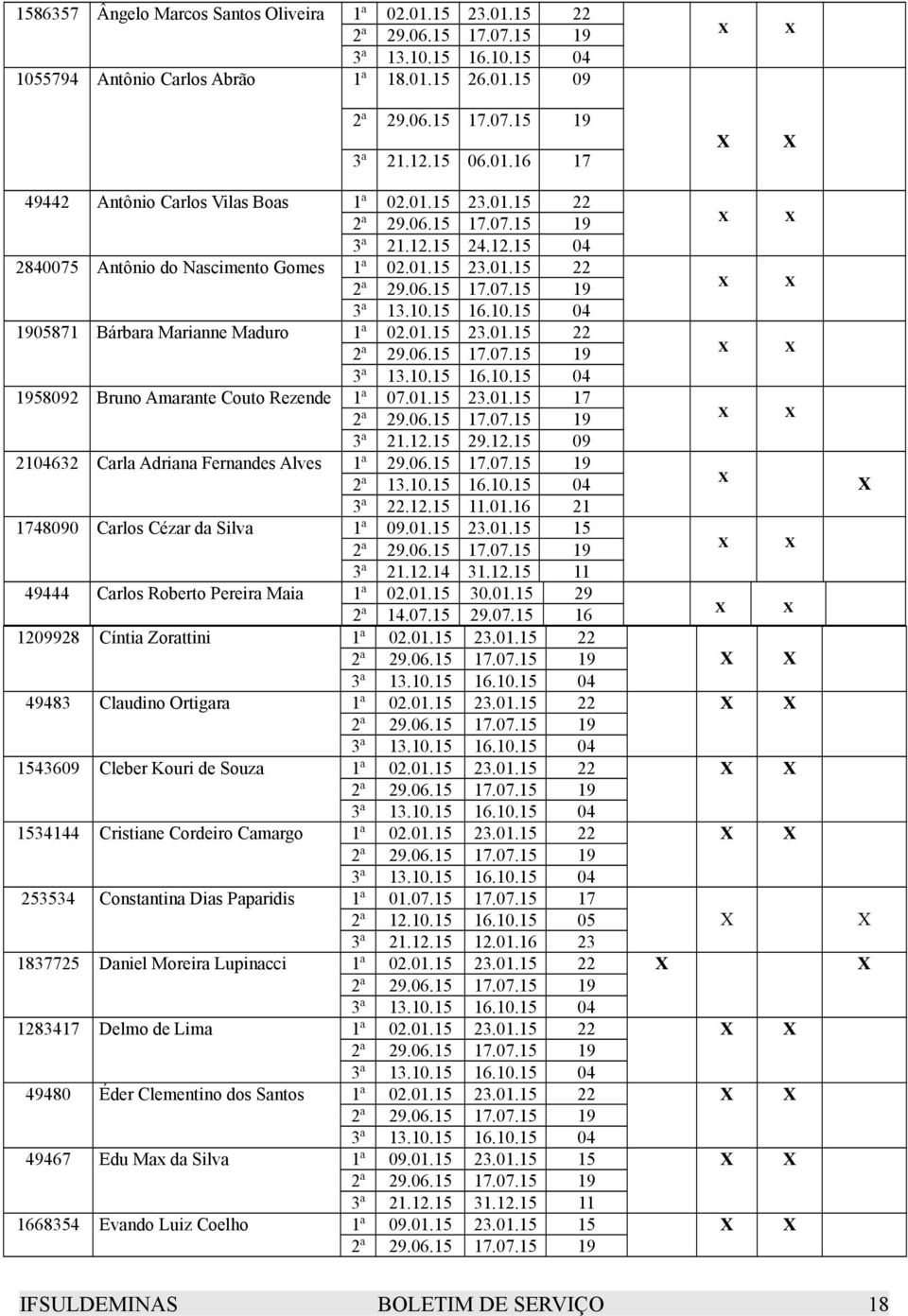 12.15 29.12.15 09 2104632 Carla Adriana Fernandes Alves 1ª 29.06.15 17.07.15 19 2ª 13.10.15 16.10.15 04 3ª 22.12.15 11.01.16 21 1748090 Carlos Cézar da Silva 1ª 09.01.15 23.01.15 15 3ª 21.12.14 31.12.15 11 49444 Carlos Roberto Pereira Maia 1ª 02.