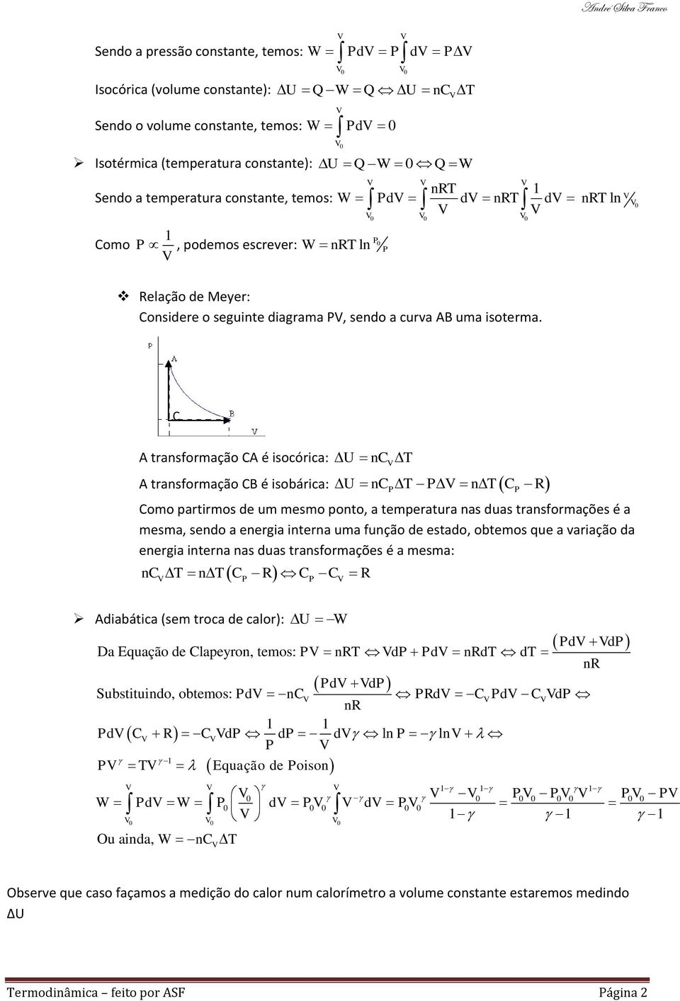 C A transformação CA é isocórica: U nc A transformação CB é isobárica: U nc n C R Como partirmos de um mesmo ponto, a temperatura nas duas transformações é a mesma, sendo a energia interna uma função