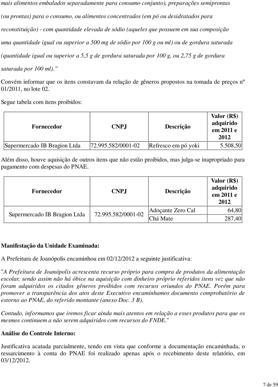 gordura saturada por 100 g, ou 2,75 g de gordura saturada por 100 ml). Convém informar que os itens constavam da relação de gêneros propostos na tomada de preços nº 01/2011, no lote 02.