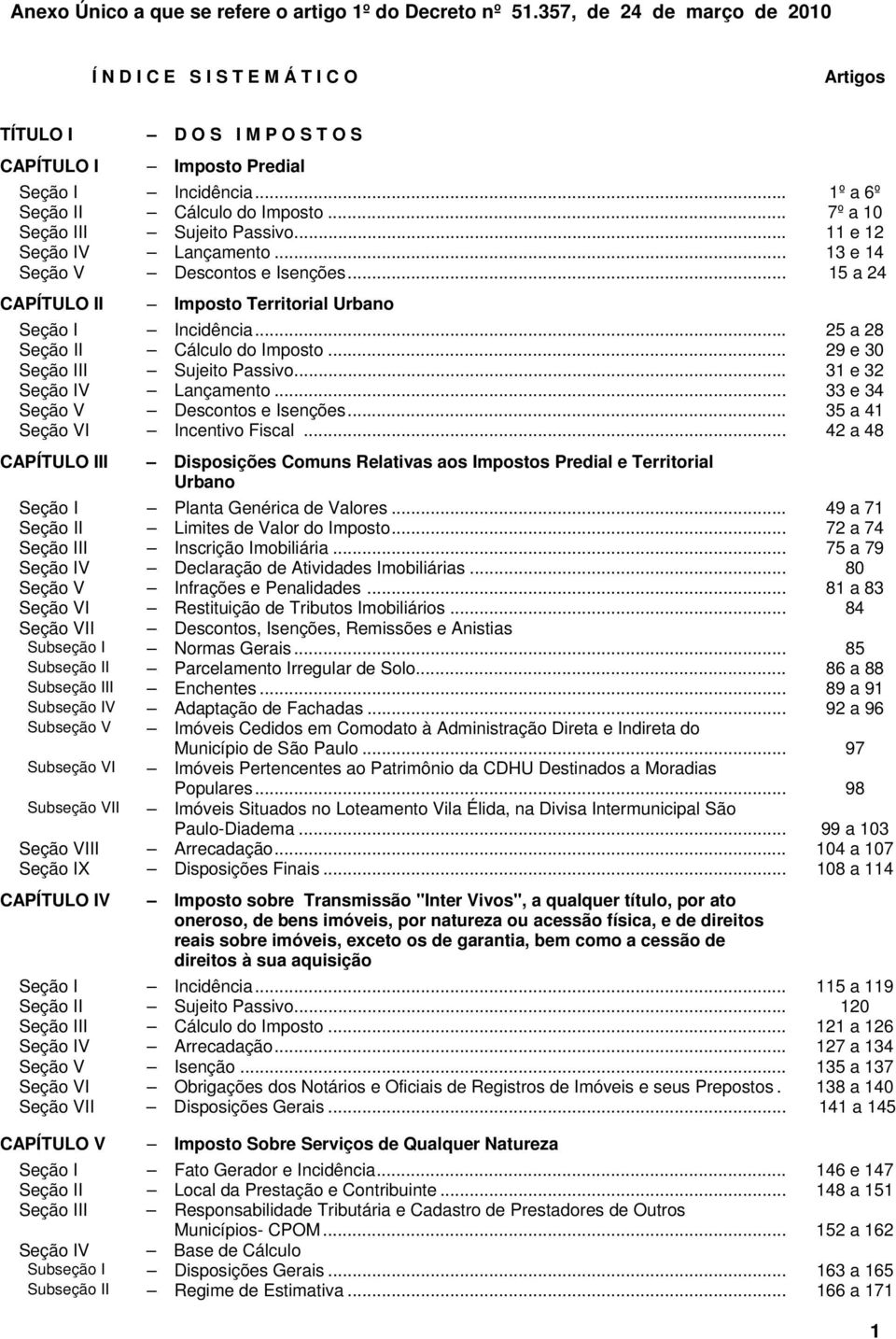 .. 7º a 10 Seção III Sujeito Passivo... 11 e 12 Seção IV Lançamento... 13 e 14 Seção V Descontos e Isenções... 15 a 24 CAPÍTULO II Imposto Territorial Urbano Seção I Incidência.