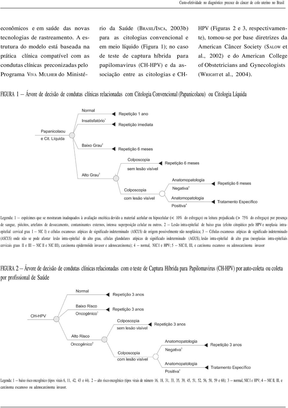 convencional e em meio líquido (Figura 1); no caso de teste de captura híbrida para papilomavirus (CH-HPV) e da associação entre as citologias e CH- HPV (Figuras 2 e 3, respectivamente), tomou-se por